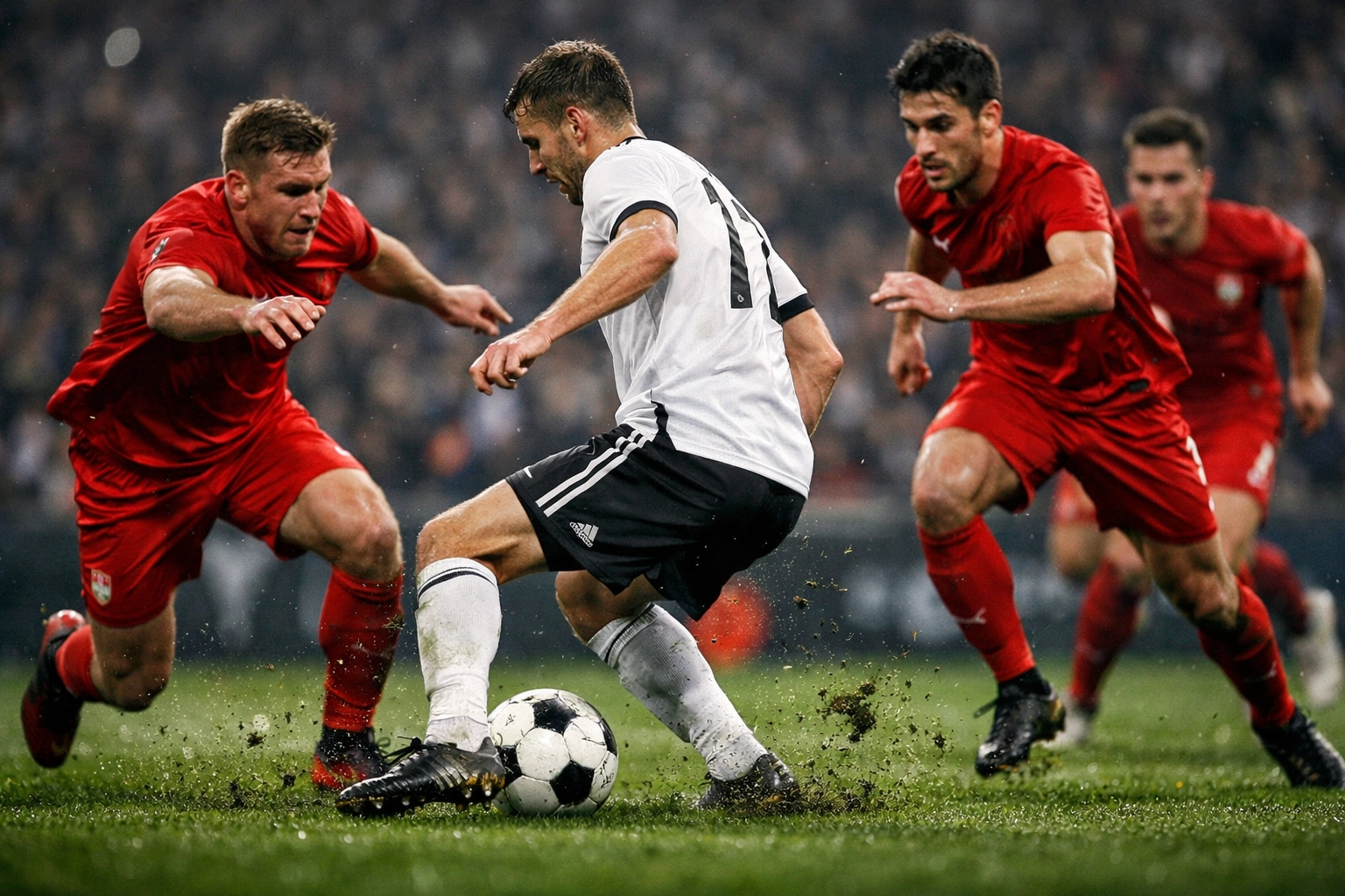 Intensive Pressing-Situation im Bundesliga-Spiel mit Balleroberung