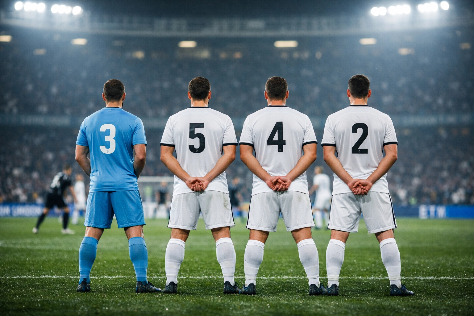 Organisierte Restverteidigung einer Fußballmannschaft zur Absicherung gegen Konter im Spiel.