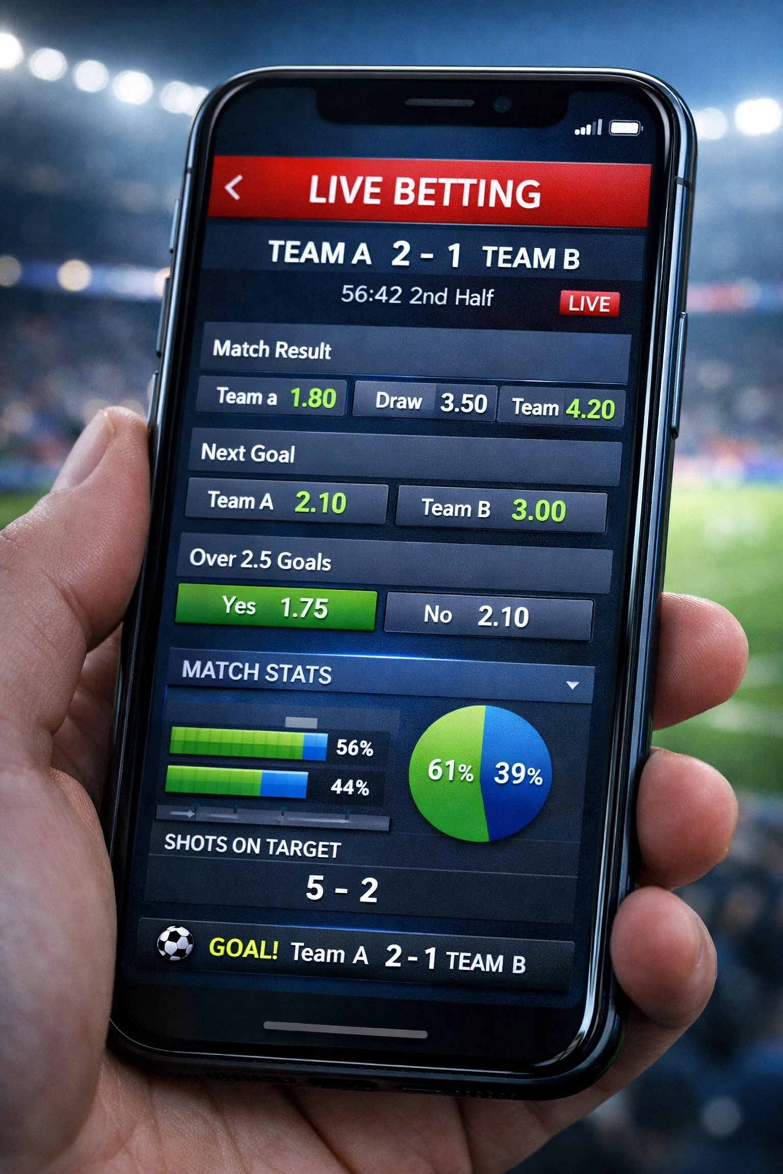 Smartphone mit Livewetten-App und Fußballstatistiken für BTTS-Strategie im Stadion