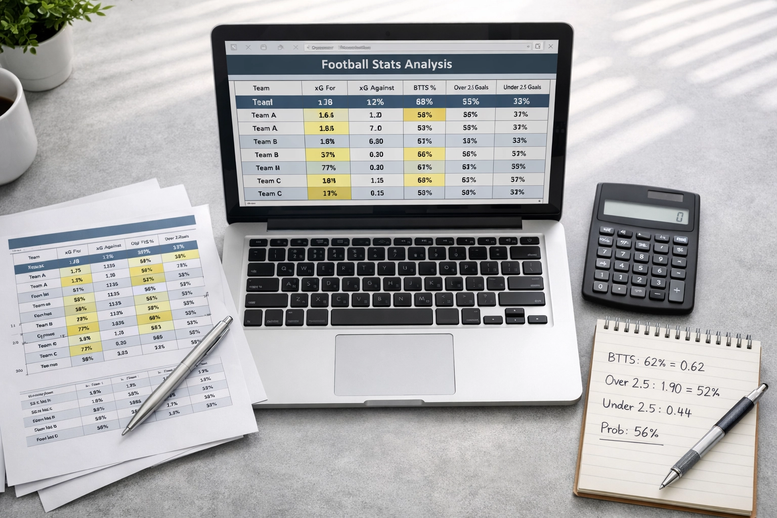 Statistische Fußballdaten mit xG-Metriken und BTTS-Analysen zur Wahrscheinlichkeitsberechnung