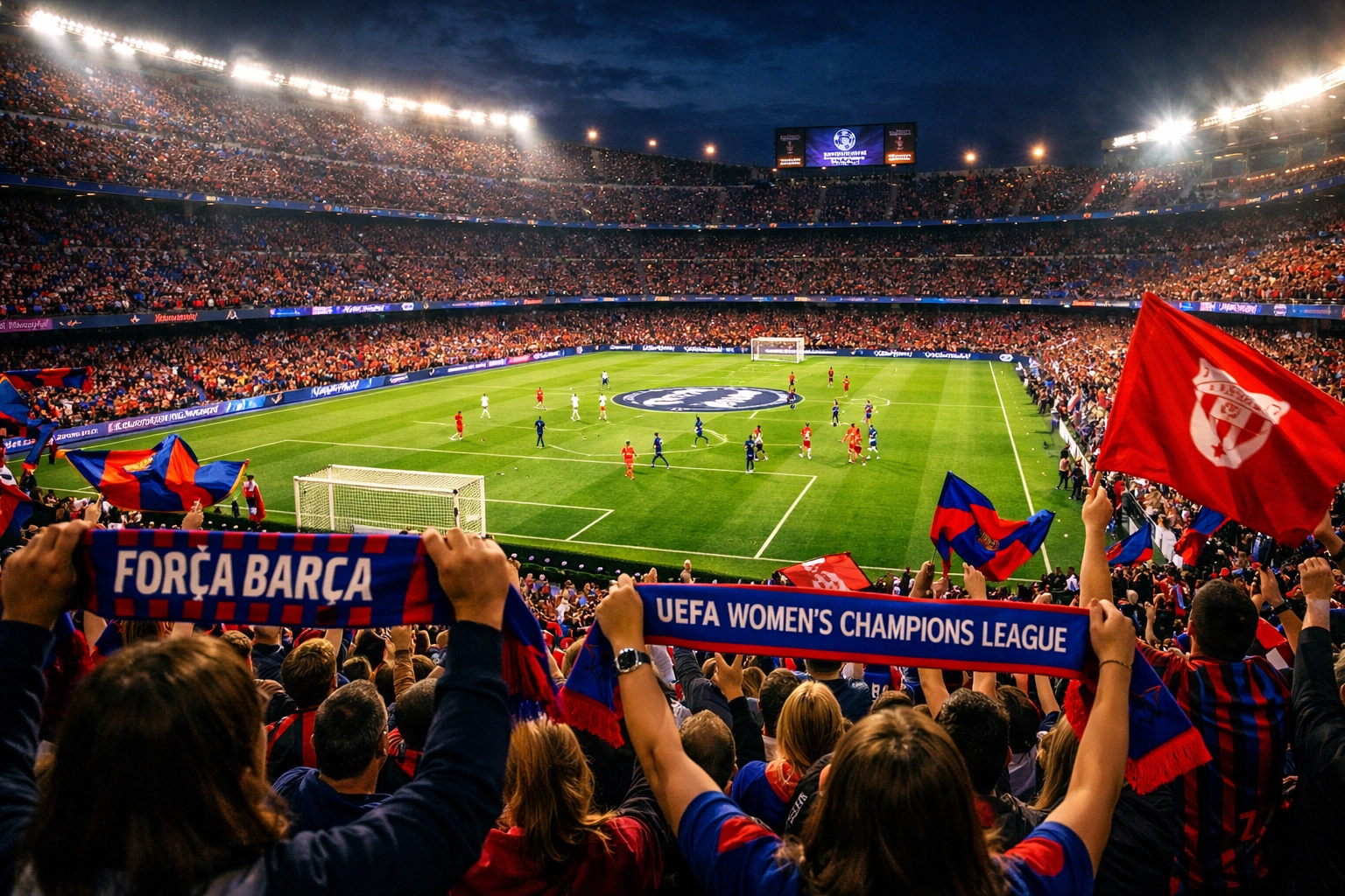 Champions League Stadion Atmosphäre mit Fans bei Abendspiel