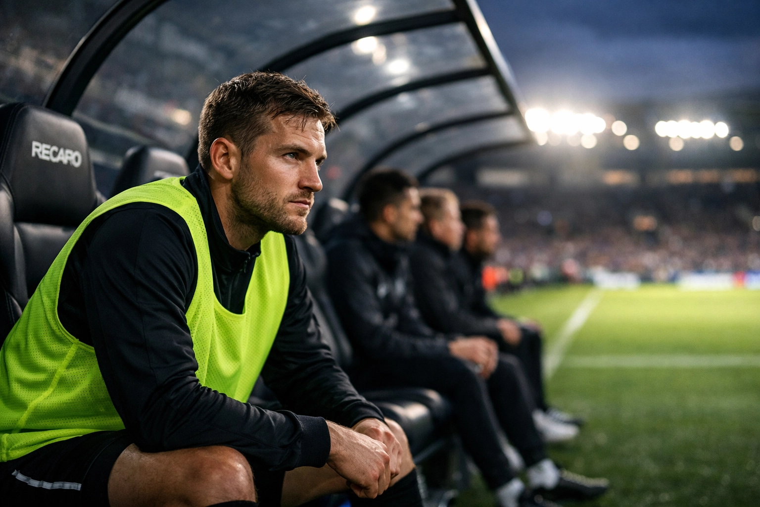 Konzentrierter Ersatzspieler auf der Trainerbank als Zeichen für hohe Kadertiefe in der Bundesliga.