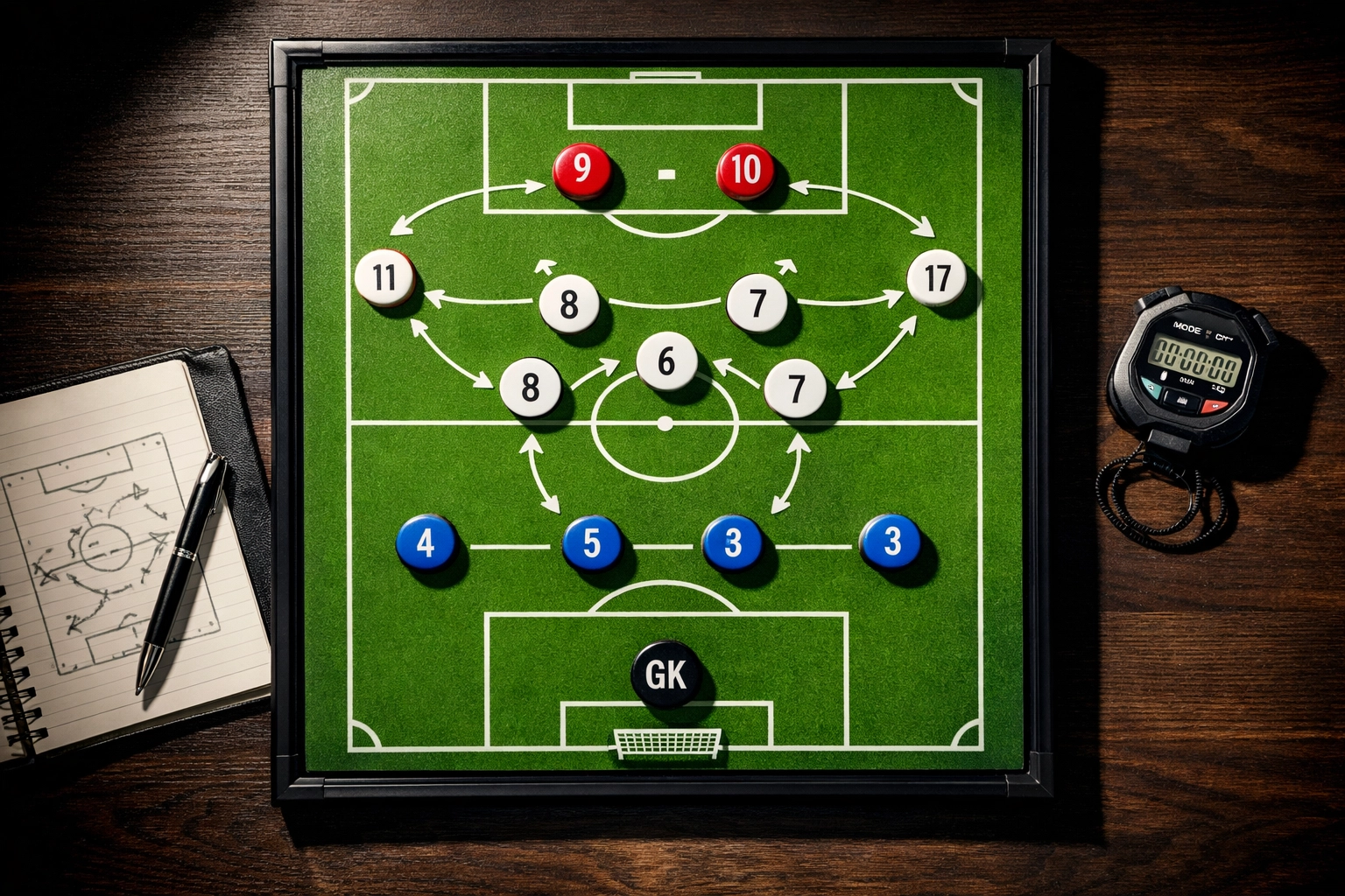 Taktikboard mit Dreierkette-Formation in der Bundesliga-Analyse