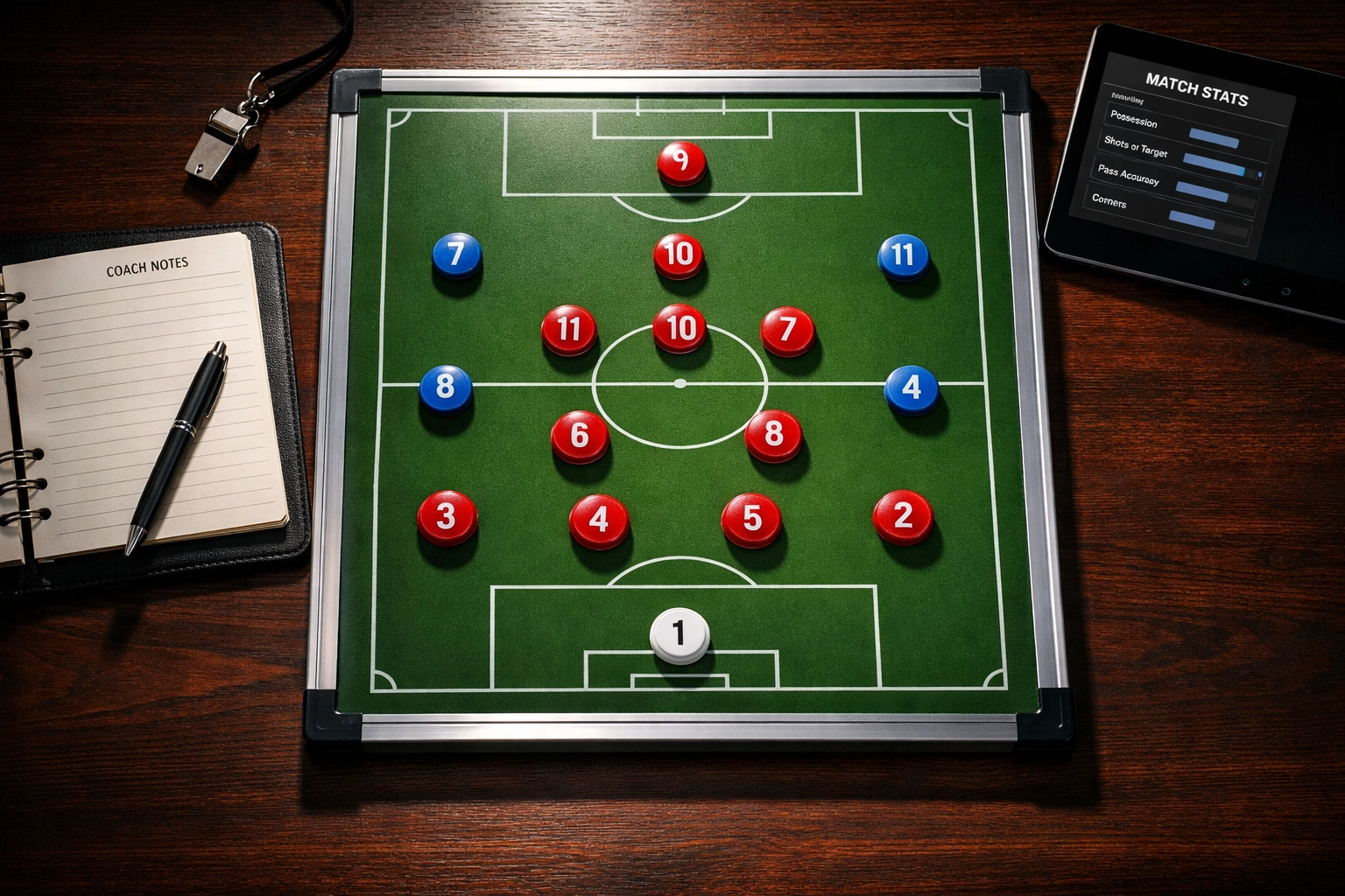 Taktiktafel mit 4-2-3-1 Formation und Spielerfiguren auf grünem Spielfeld