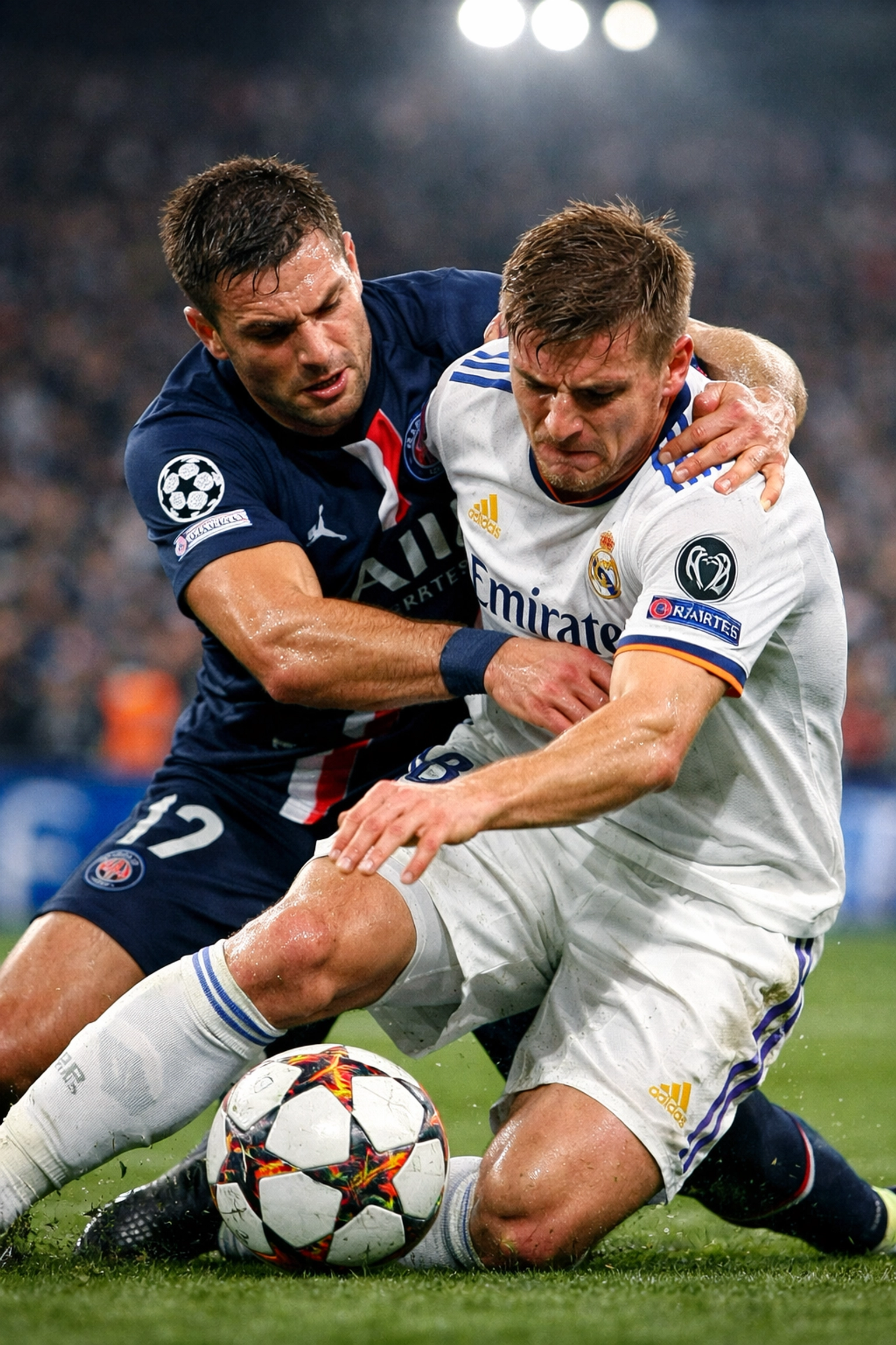 Intensives Pressing-Duell im Champions League Angriffsdrittel mit körperbetontem Zweikampf