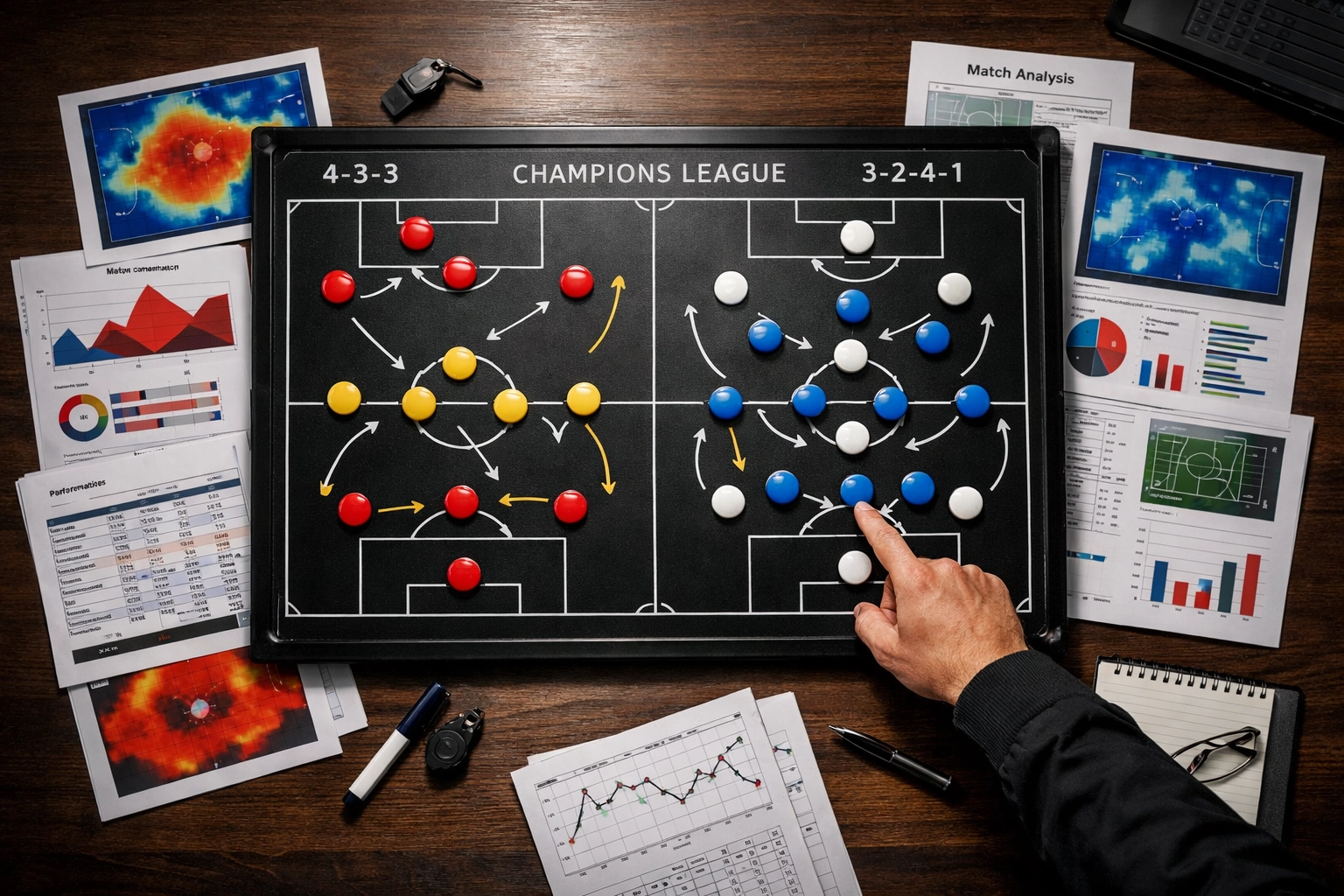 Taktikboard mit Formationen und Spieleranalyse für Champions League K.o.-Phase
