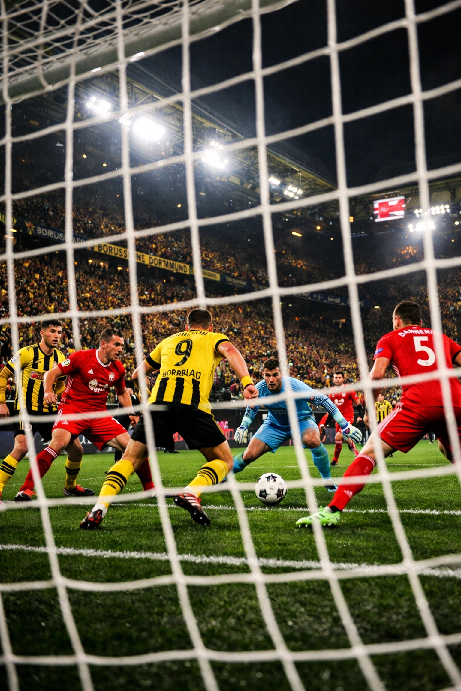 Bundesliga Fußballspiel mit intensiver Aktion im Strafraum und vollem Stadion