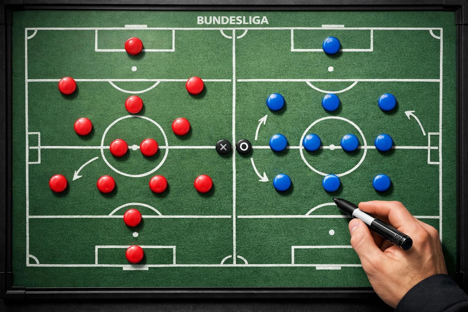 Taktiktafel mit Bundesliga-Formationen 4-2-3-1 und 3-4-3 im direkten Vergleich