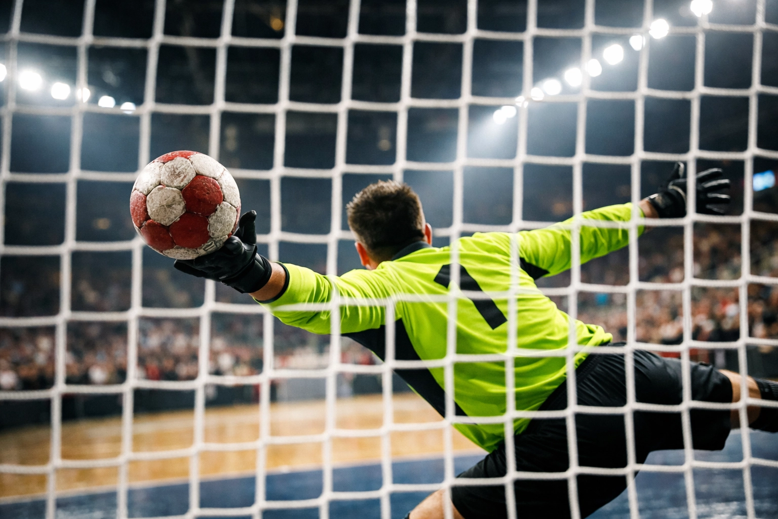 Handball-Torwart bei Parade in der Arena während Bundesliga-Spiel