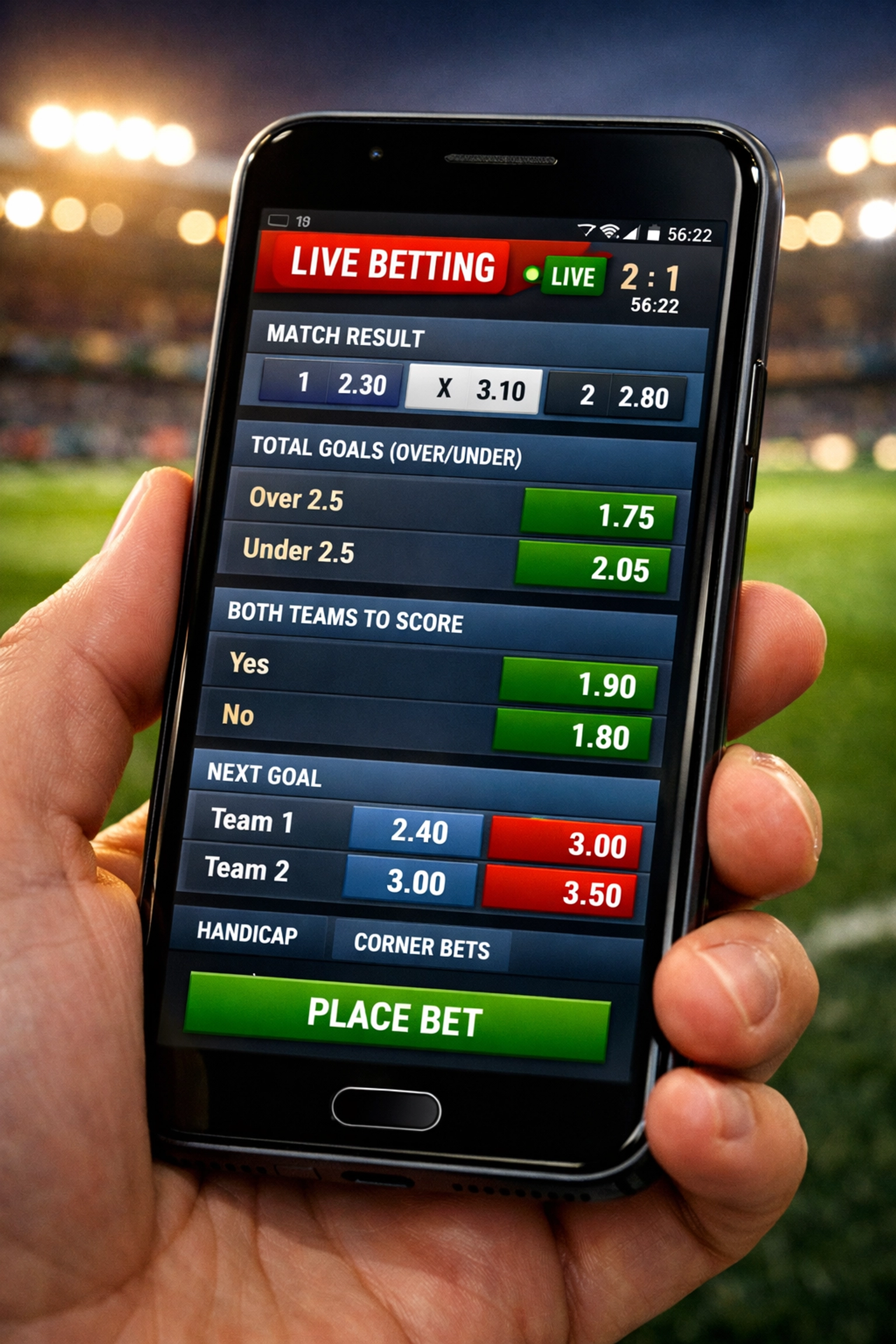 Wett-App auf Smartphone zeigt Live-Quoten und verschiedene Wettmärkte