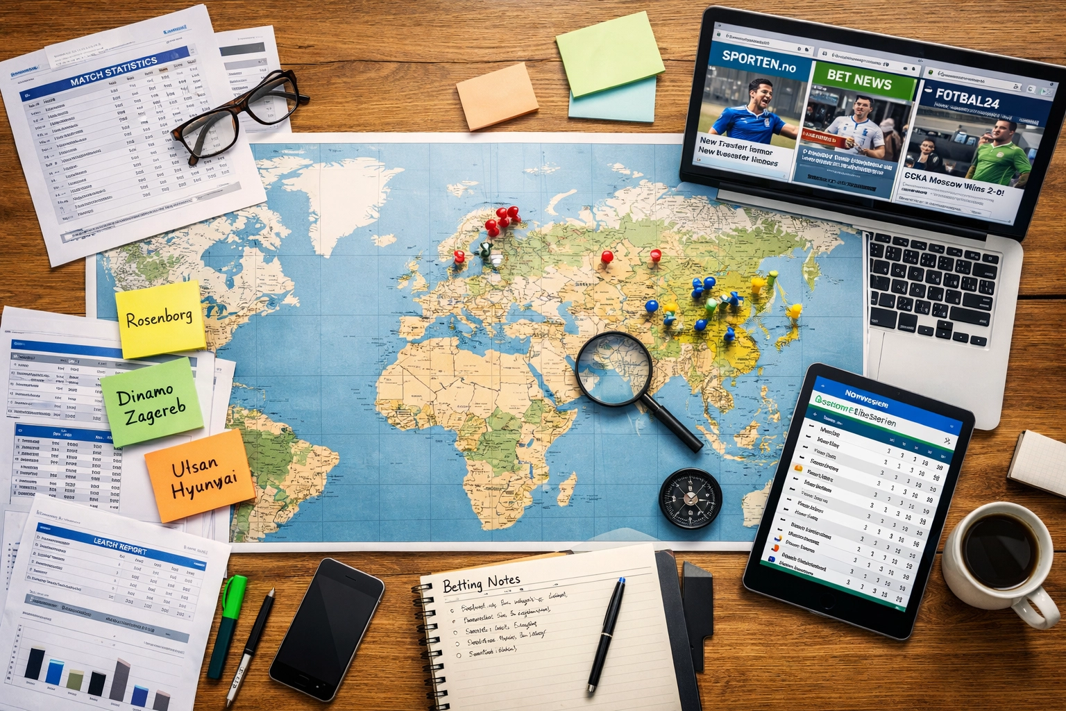 Arbeitsplatz für Sportwetten-Analyse internationaler Nischenmärkte mit Weltkarte