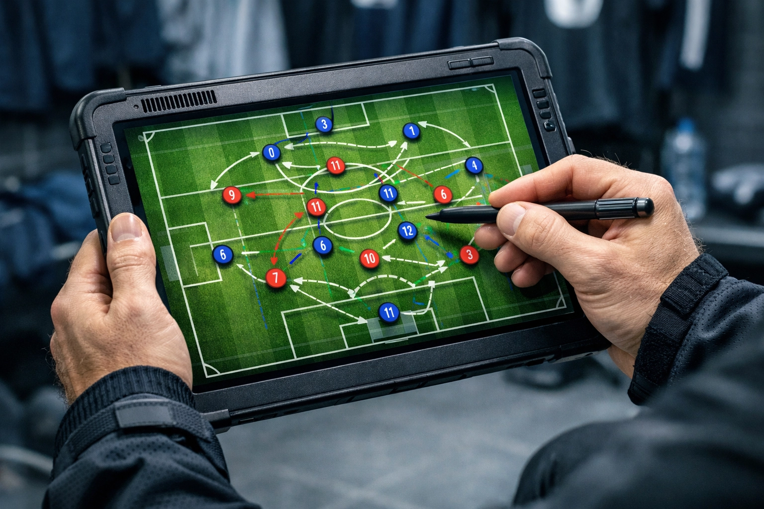 Trainer analysiert taktische Formationen auf einem Tablet für die Kaderanalyse in der Bundesliga.