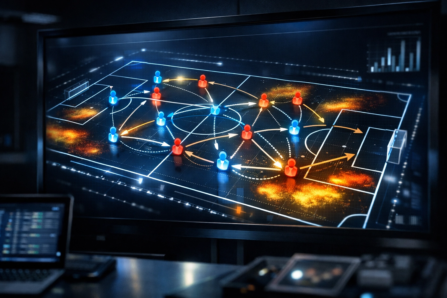 Digitale Taktiktafel mit Datenanalysen und Laufwegen für moderne Fußball-Strategien.