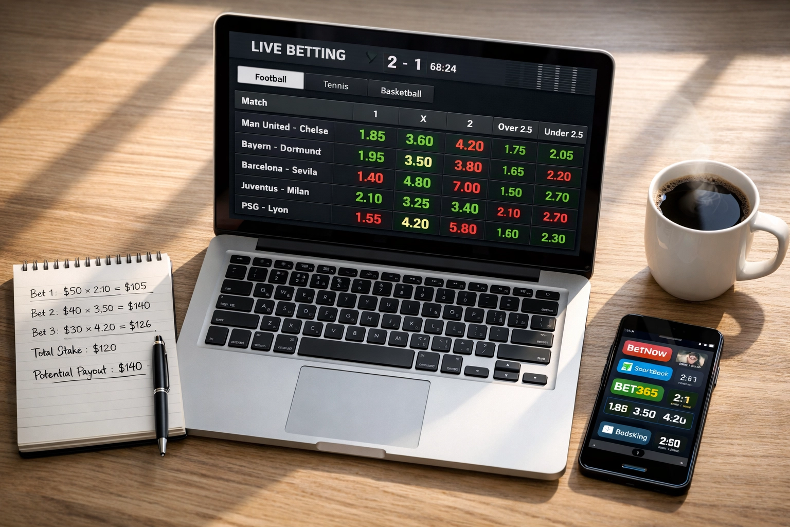 Sportwetten-Analyse mit Live-Quoten und Value Bet Berechnungen am Laptop