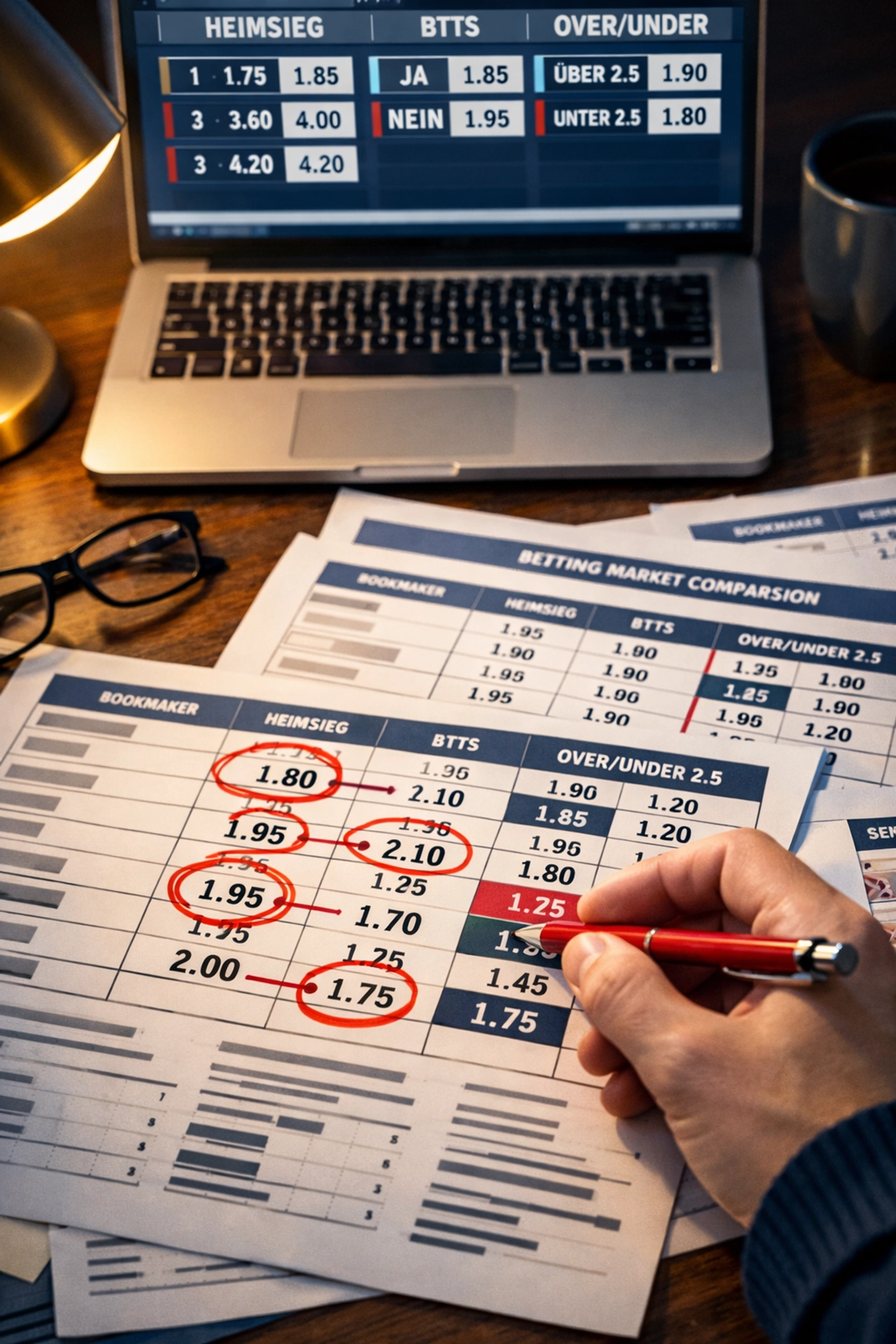 Vergleich verschiedener Wettmärkte: Heimsieg, BTTS und Over/Under Quoten auf Laptop