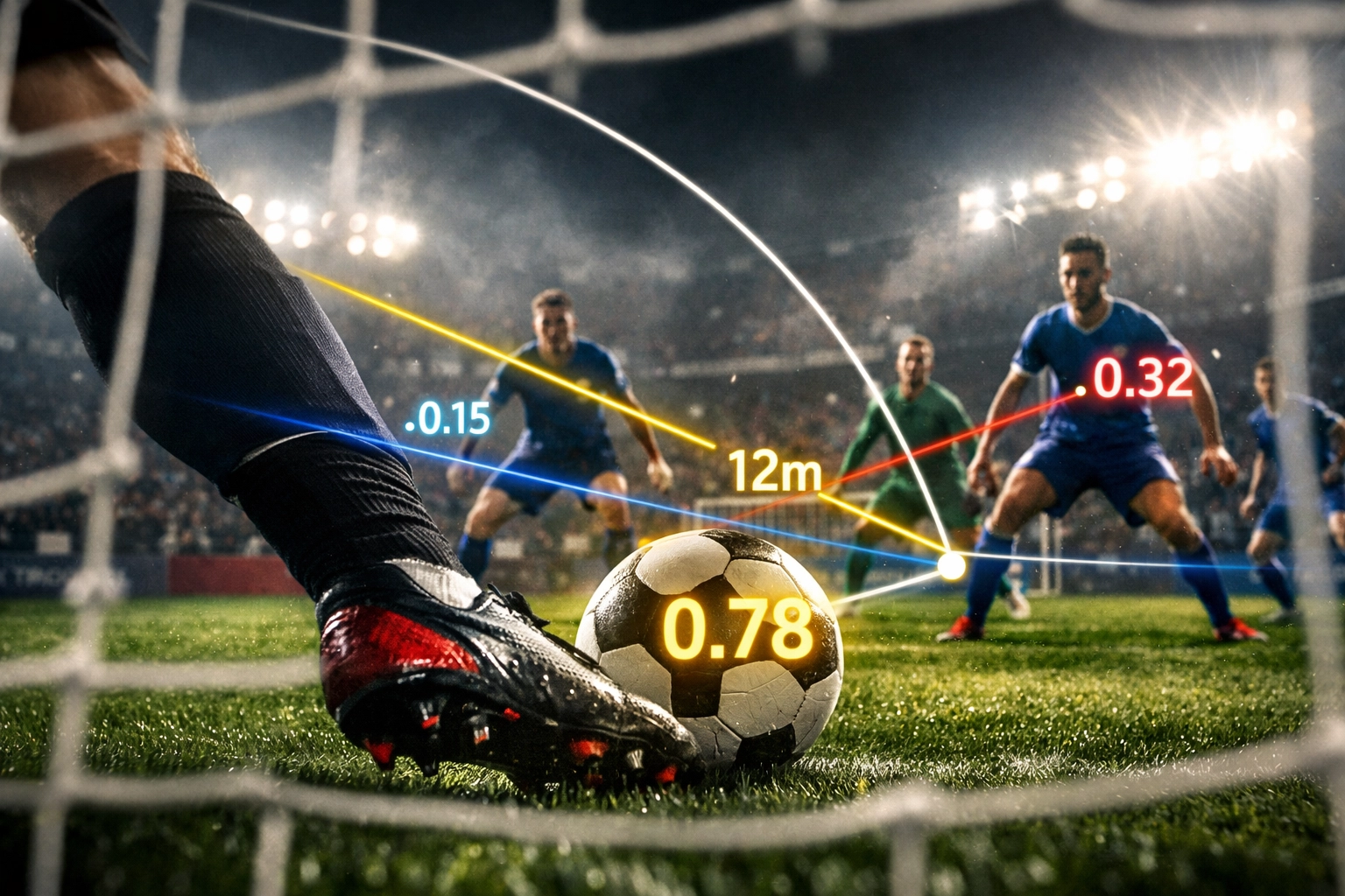 Torschuss-Situation mit überlagerten xG-Berechnungsfaktoren wie Schusswinkel und Verteidiger-Positionen