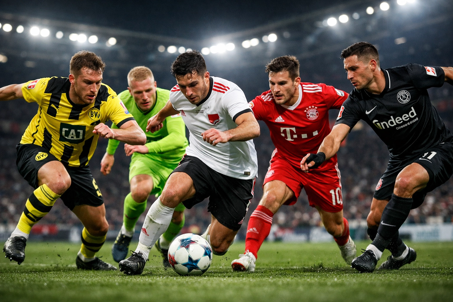 Bundesliga Gegen-Pressing Taktik mit vier Spielern beim intensiven Ballgewinn im Mittelfeld