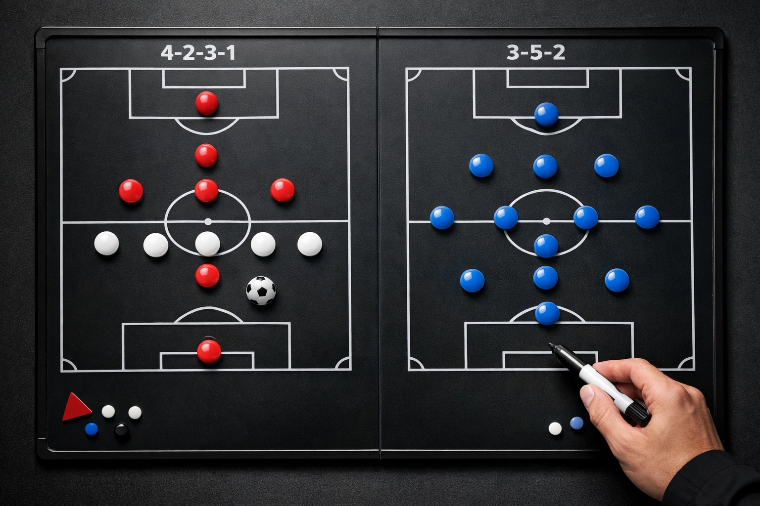 Taktiktafel zeigt Viererkette und Dreierkette Formation im Vergleich