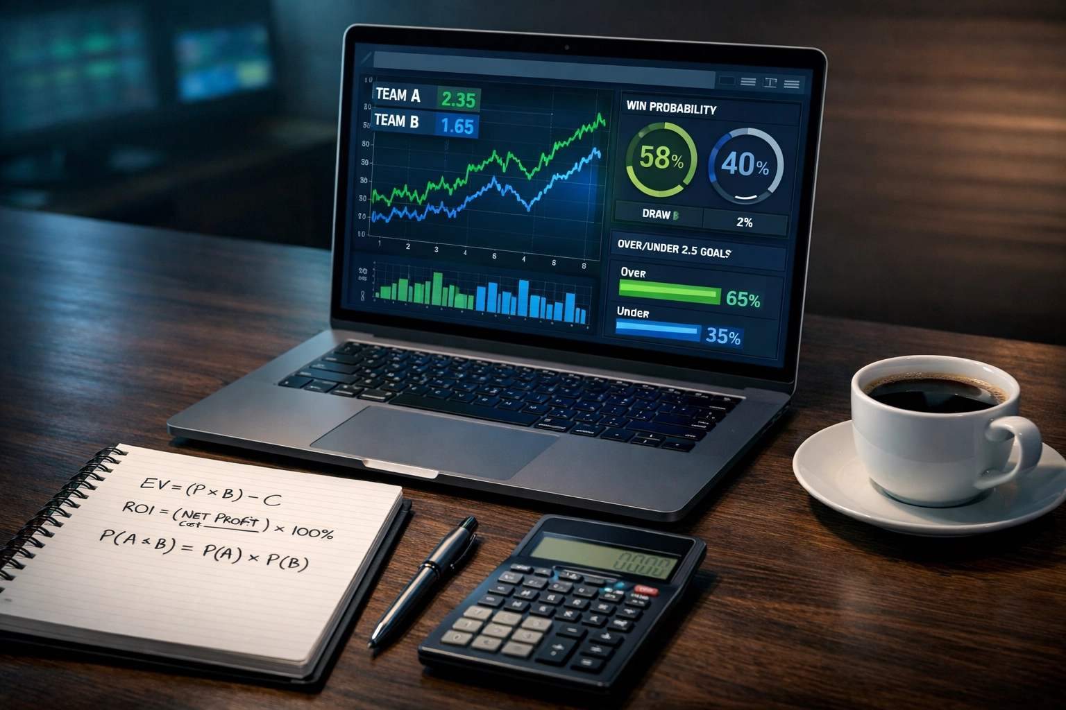 Value Betting Arbeitsplatz mit Laptop zeigt Quotenanalyse und Wahrscheinlichkeitsberechnungen