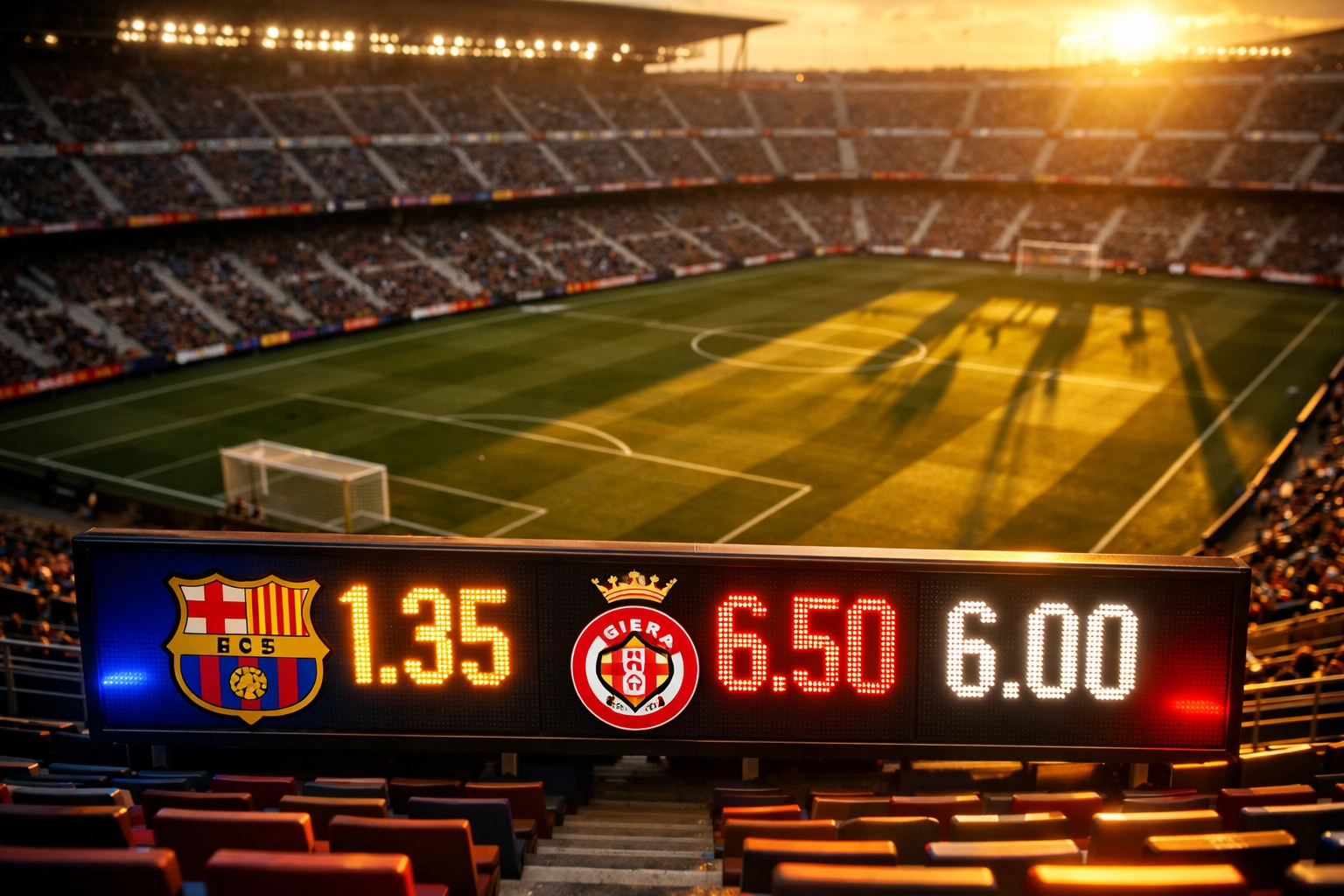 Stadion mit digitaler Wettquoten-Anzeige für Girona gegen Barcelona La Liga Spiel