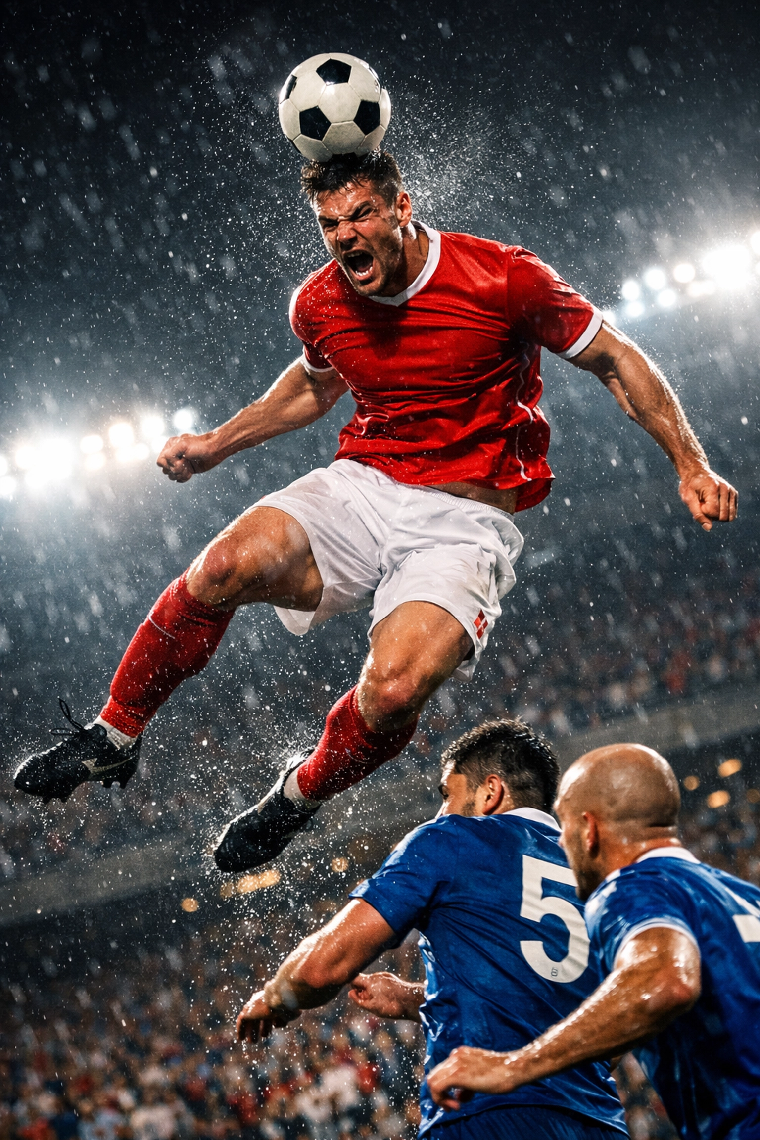 Klassischer Stoßstürmer setzt sich im Kopfballduell im Strafraum gegen die Abwehr durch.