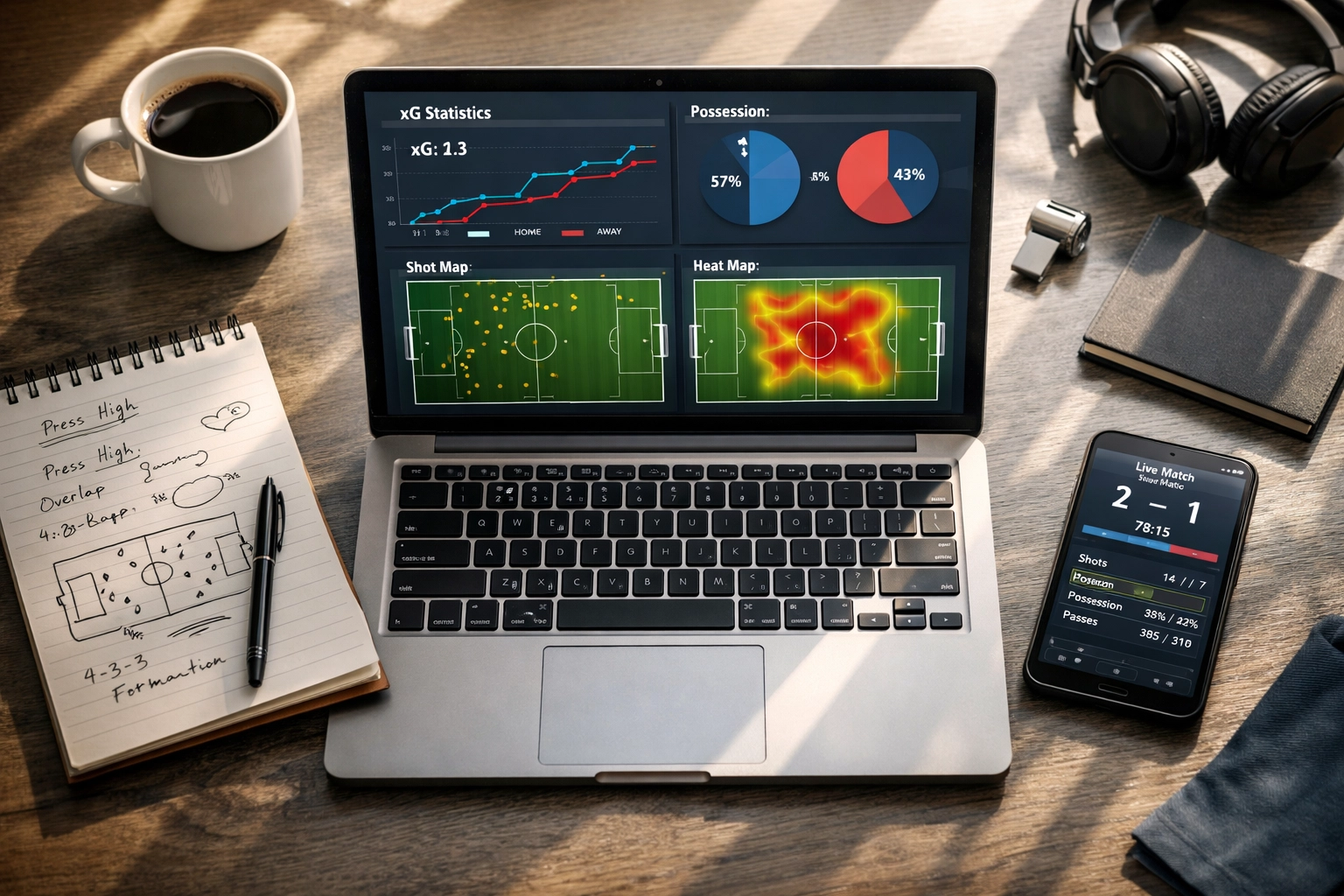 Arbeitsplatz für Sportwetten-Analyse mit Laptop zeigt xG-Statistiken und Fußballdaten