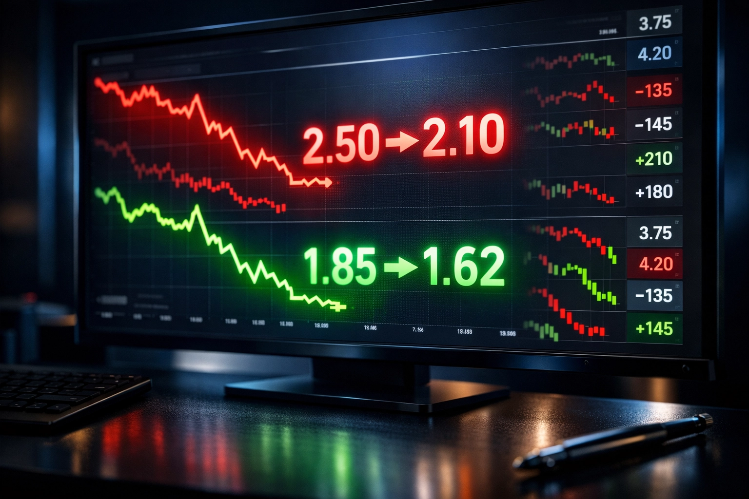 Trading-Dashboard zeigt fallende Quoten in Echtzeit mit Zahlen von 2.50 auf 2.10