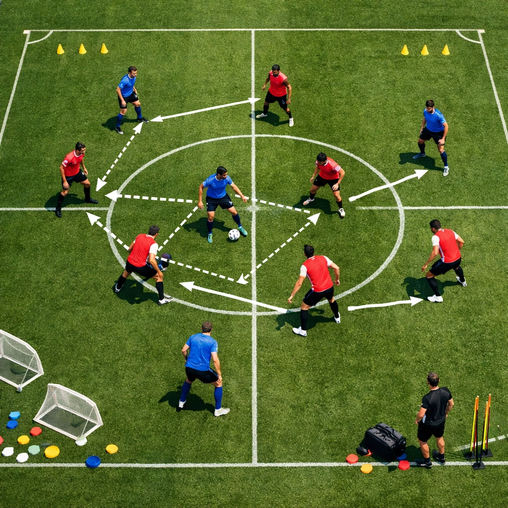 Taktik-Training mit Pressing-Formation aus Vogelperspektive auf Trainingsplatz der Bundesliga