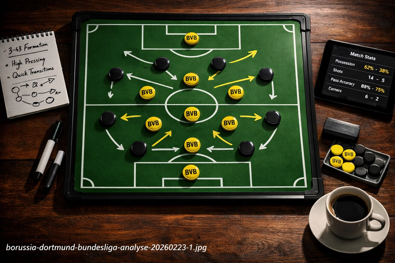 Taktiktafel zeigt BVB 3-4-3 Formation unter Thomas Tuchel in der Bundesliga