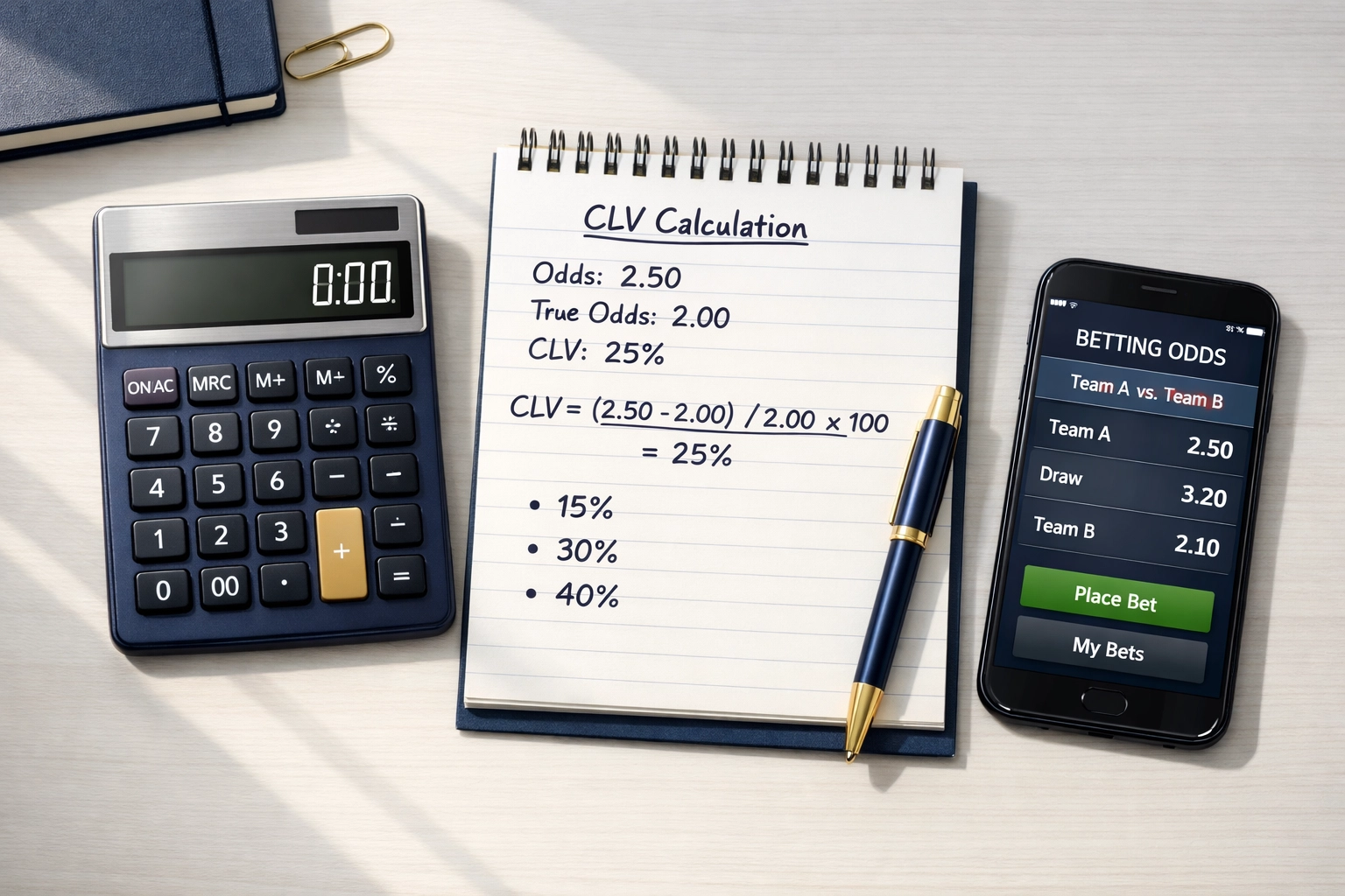 CLV-Berechnung auf Notizblock mit Taschenrechner und Wett-App für strategische Sportwetten-Analyse