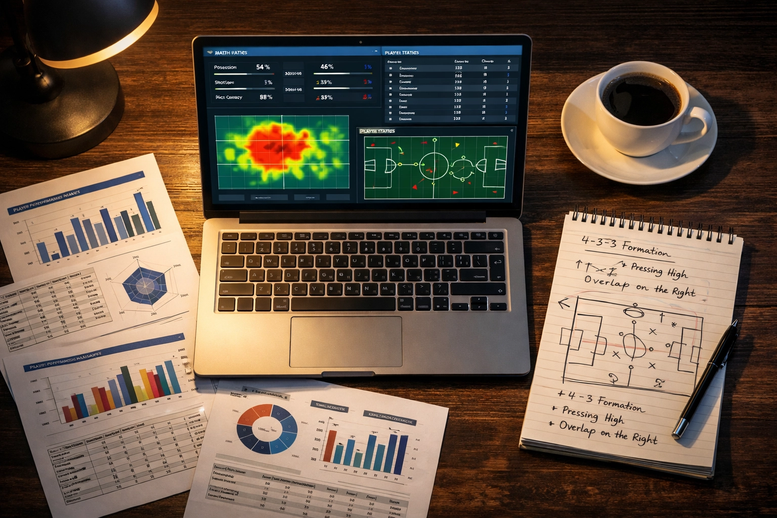 Datenbasierte Fußballanalyse für BTTS-Wetten mit Statistiken und Taktik-Notizen am Arbeitsplatz