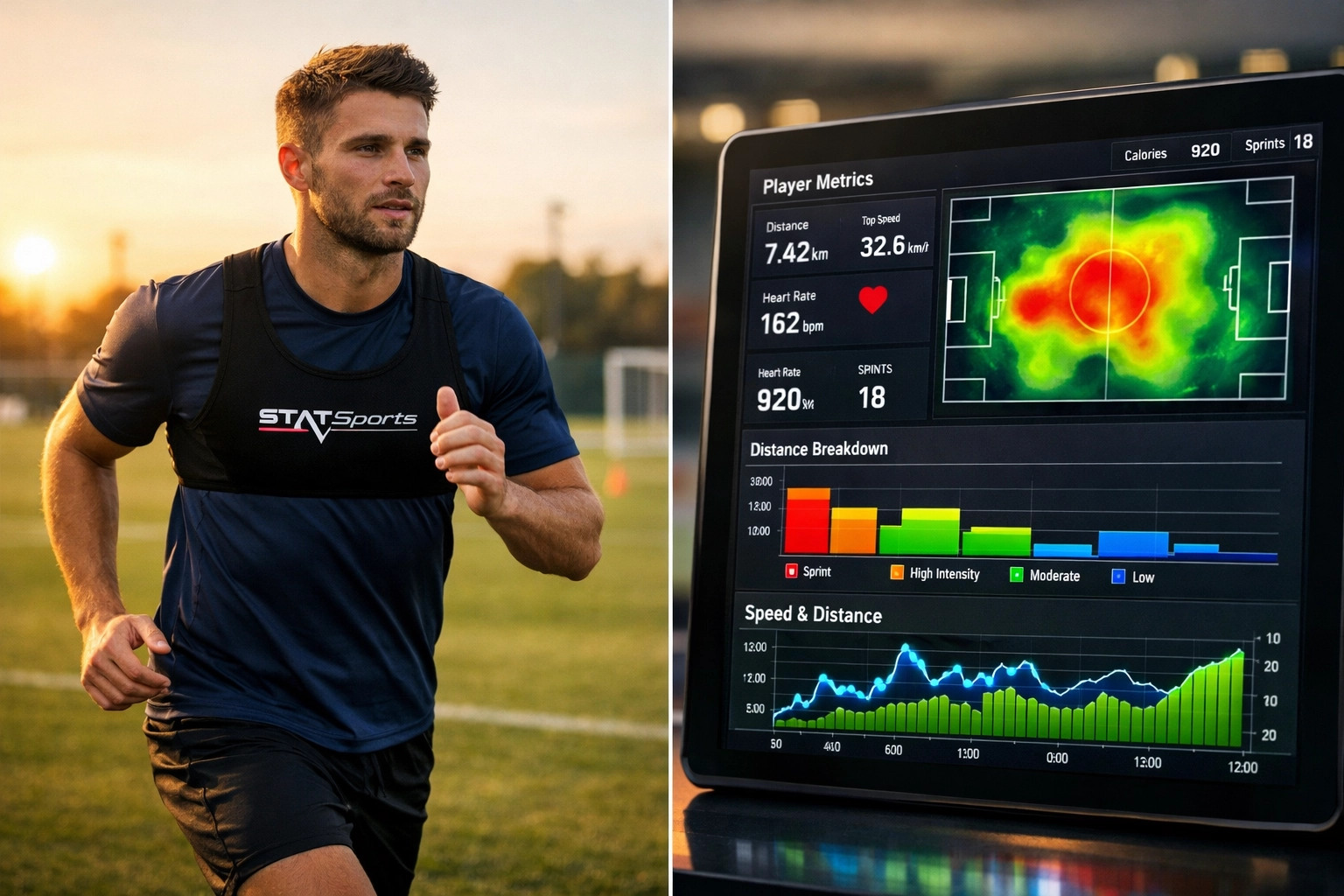 Fußballspieler mit GPS-Tracking Weste und Leistungsdaten-Analyse auf Monitor