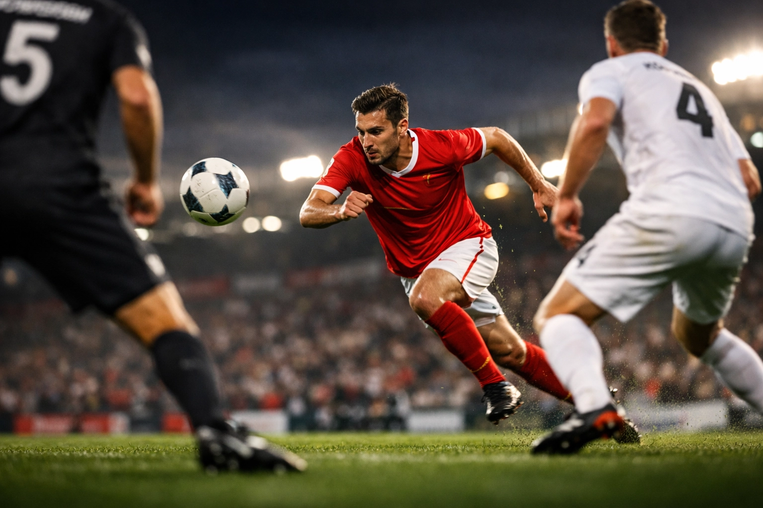 Bundesliga-Stürmer macht explosiven Tiefenlauf zwischen zwei Verteidigern bei vertikalem Passspiel