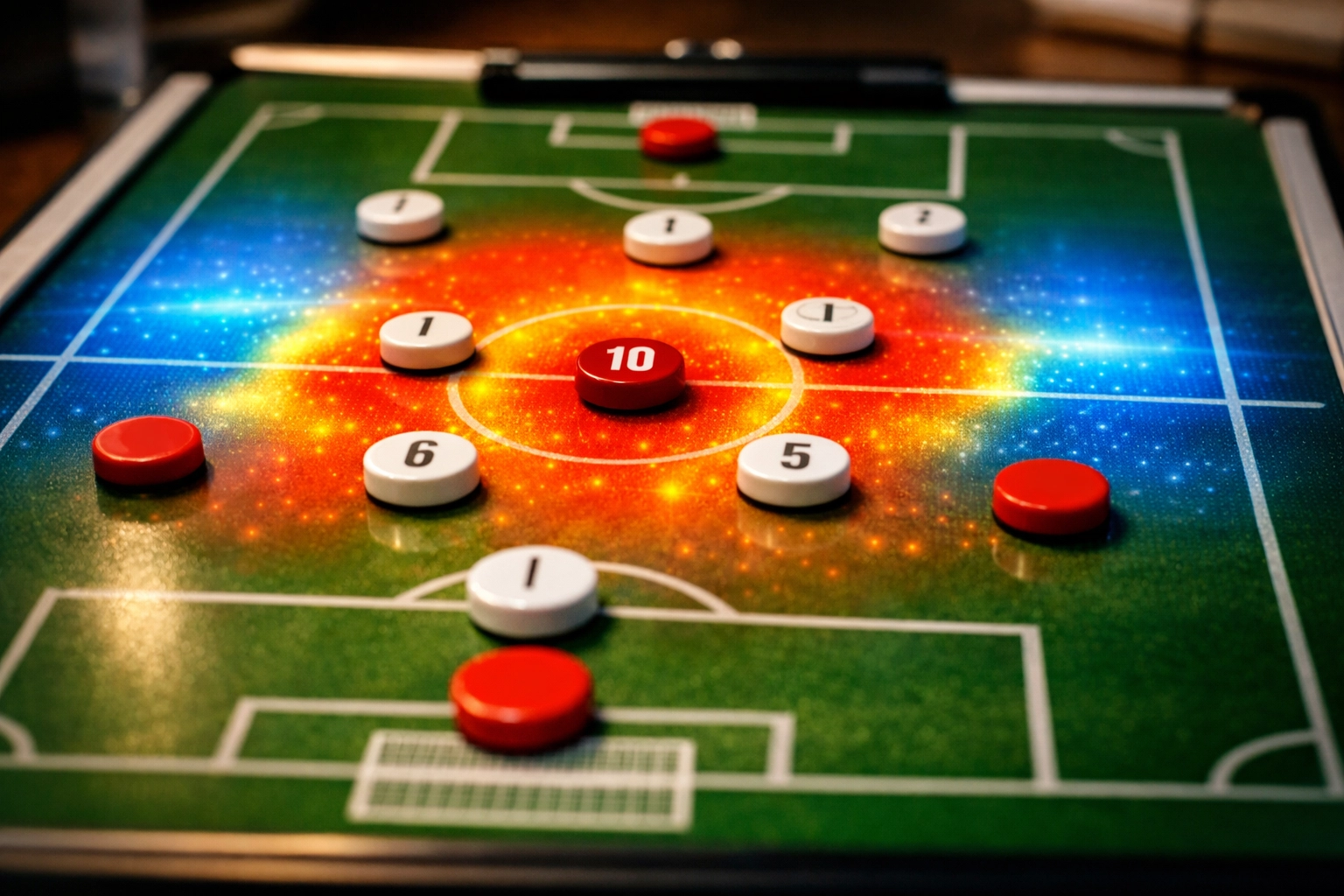 Fußball-Taktiktafel mit Bundesliga-Formation und xG Heat Map Visualisierung