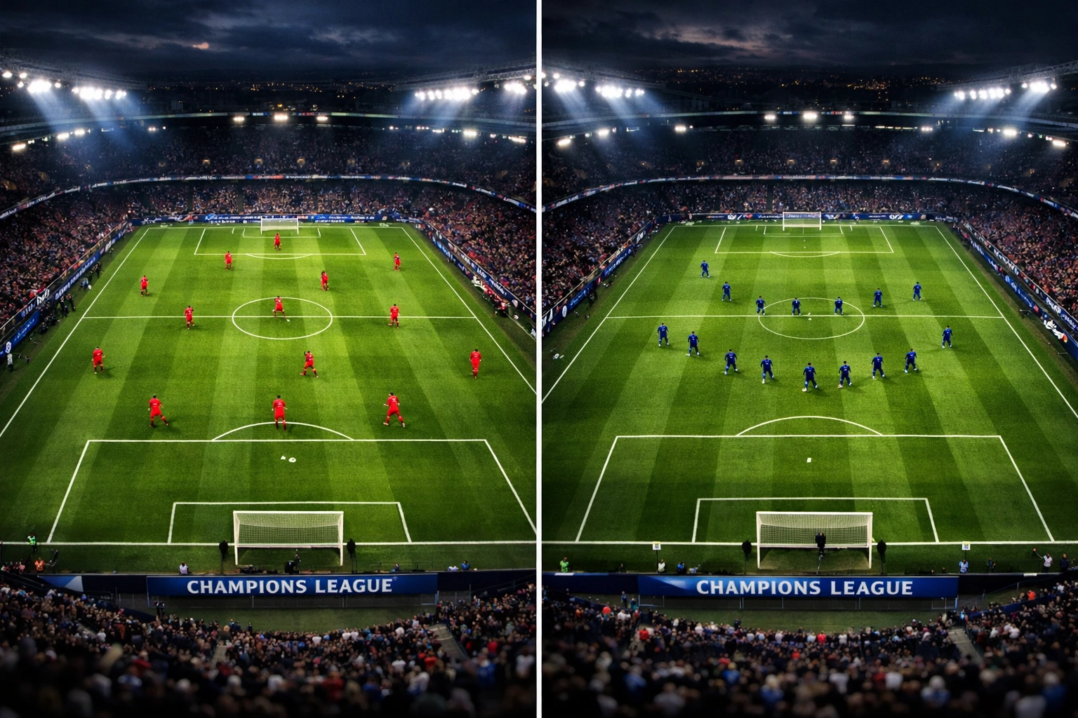 Champions League Stadion zeigt offensive und defensive Taktikformationen im Achtelfinale