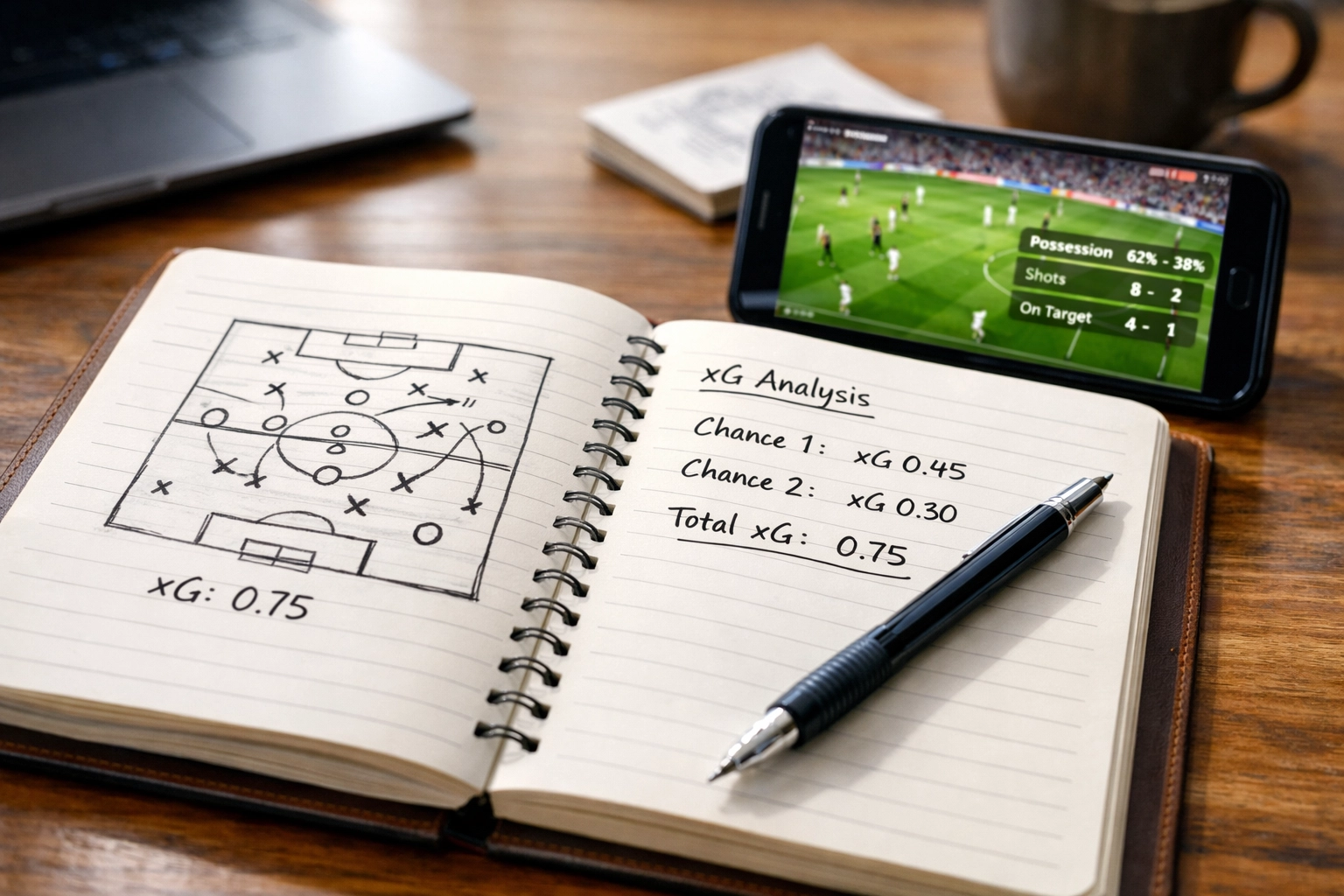 Sportwetten-Analyst Workspace mit xG-Berechnungen und taktischen Diagrammen im Notizbuch