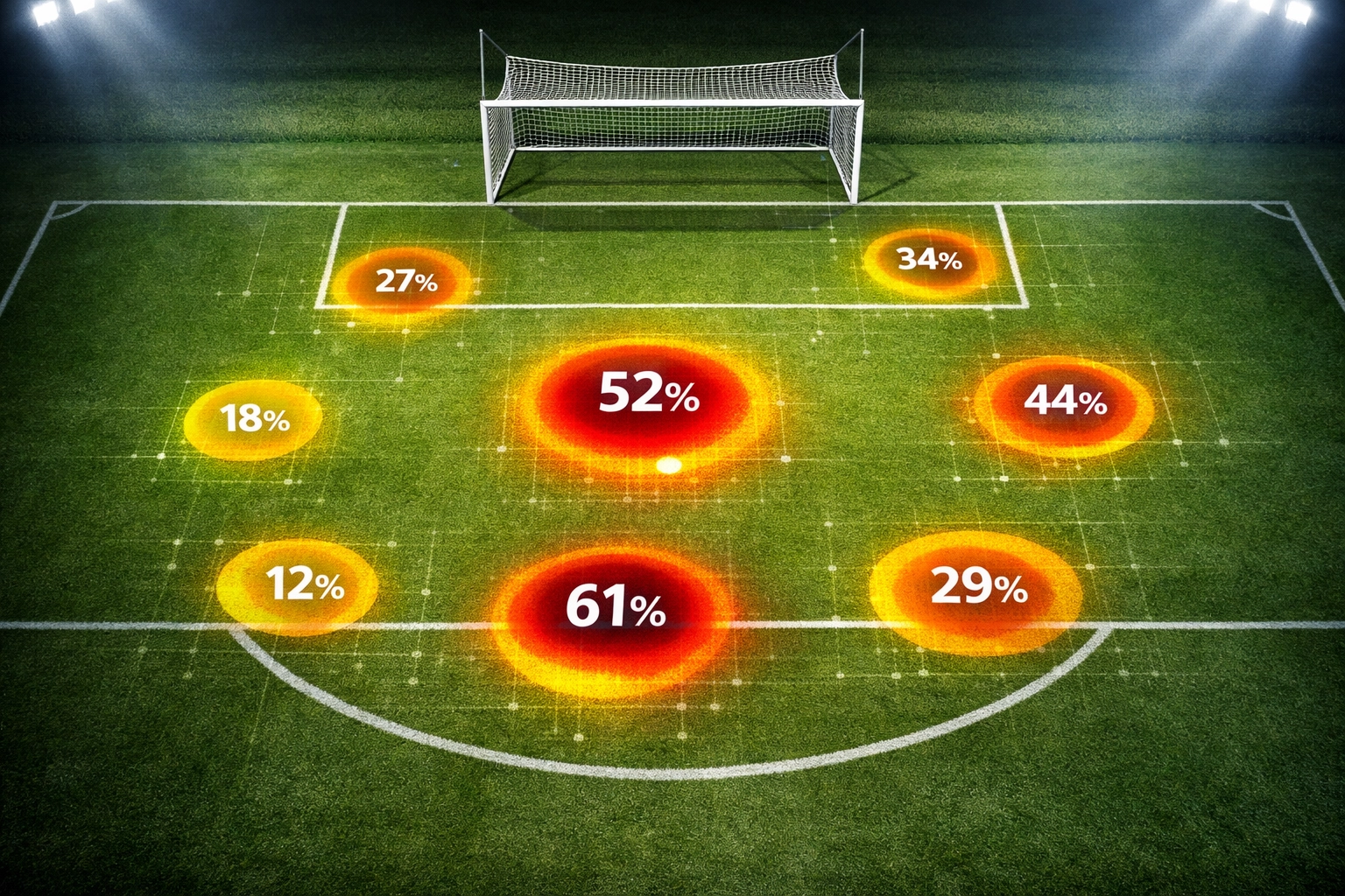 Analyse von Expected Goals xG mit Daten-Overlay auf einem Fußballfeld für sportwetten strategien.