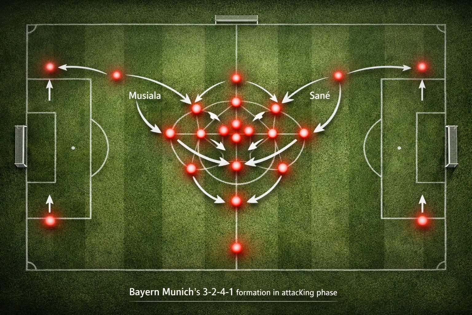 Bayern Münchens 3-2-4-1 Formation mit Musiala und Sané in den Halbräumen – Tuchels taktisches System
