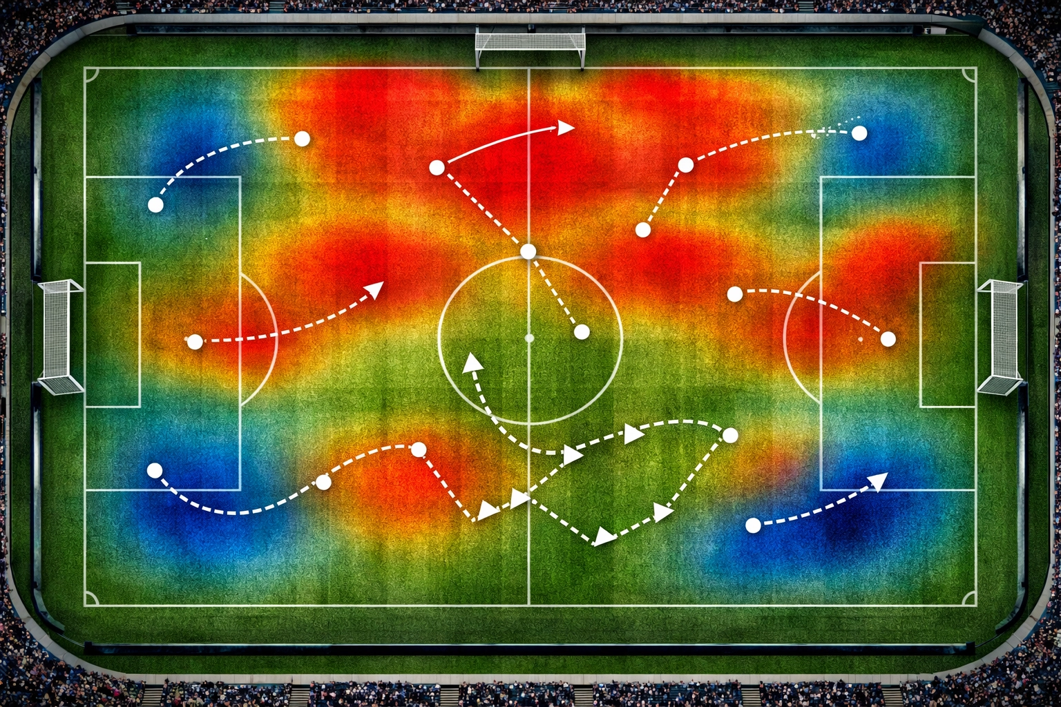 Taktische Heat Map zeigt Pressing-Zonen und Spielerbewegungen auf dem Fußballfeld