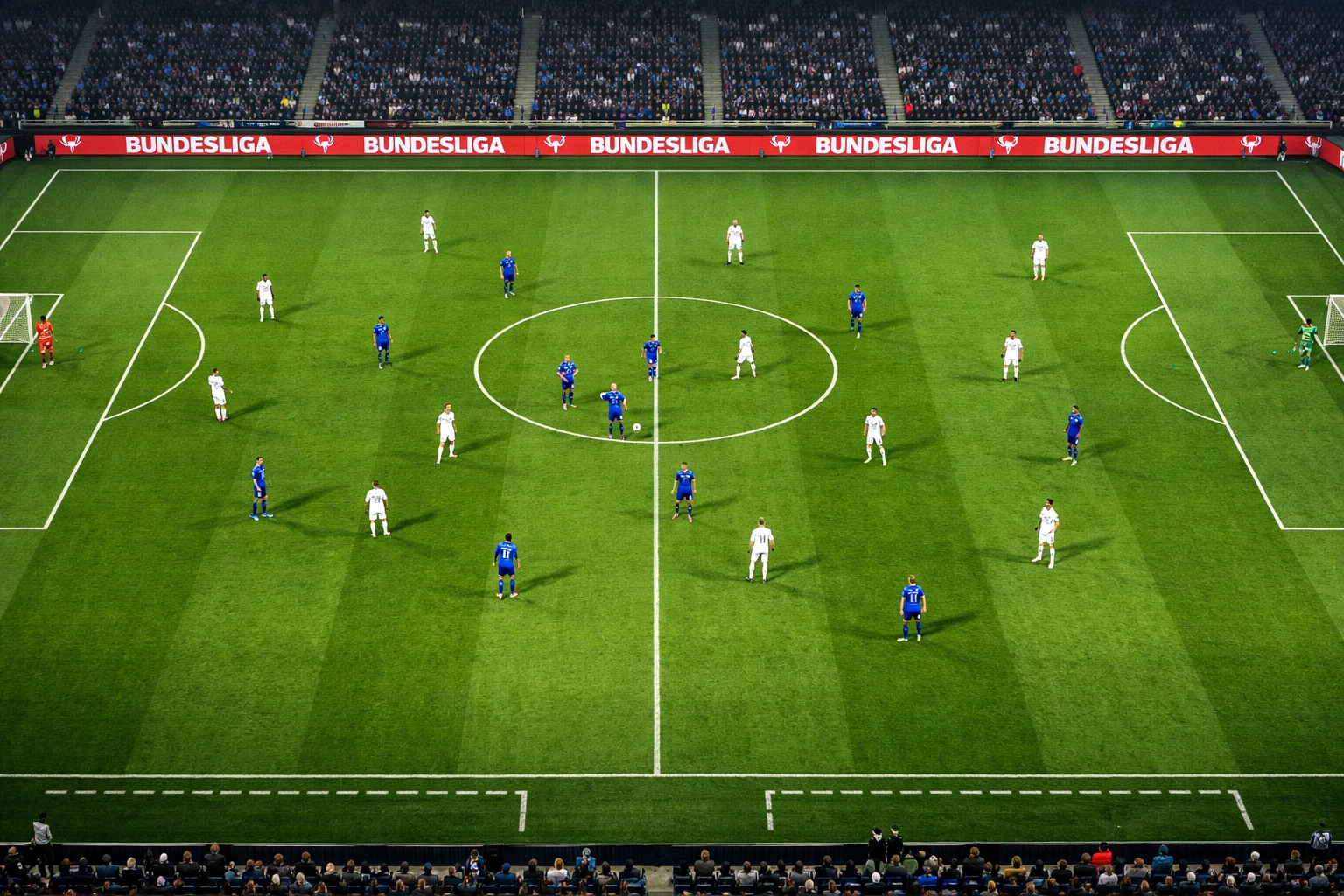 Bundesliga Spielszene mit unterschiedlichen Formationen 4-2-3-1 und 3-4-2-1 im Vergleich