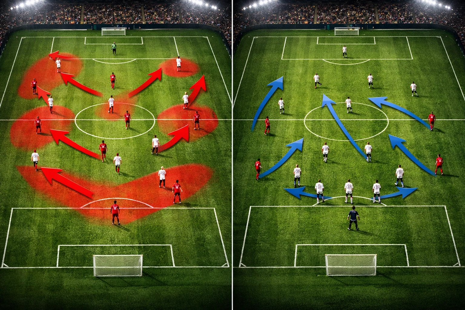 Vergleich zweier Fußball-Taktiken: Hohes Pressing gegen defensive Formation