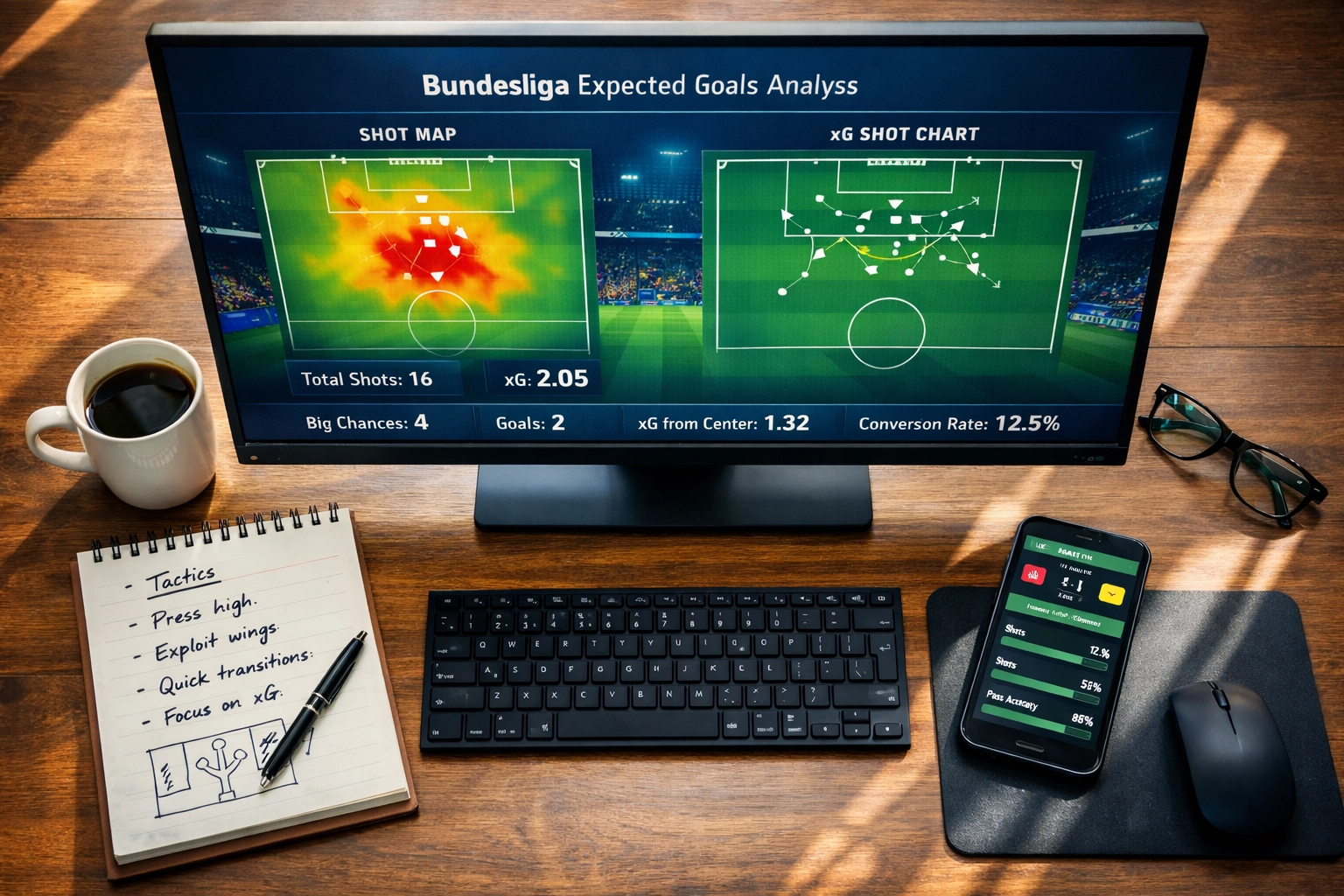 Expected Goals Analyse auf Monitor mit Bundesliga xG-Statistiken und Heatmaps für Wettanalyse