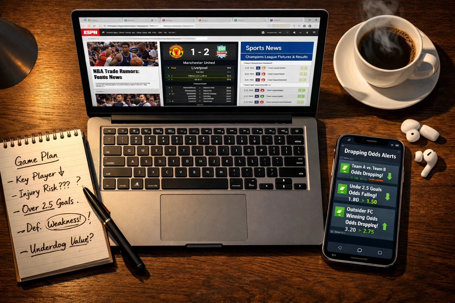 Arbeitsplatz eines Wett-Analysten mit Laptop, Sportnews und Quote-Monitoring in Echtzeit