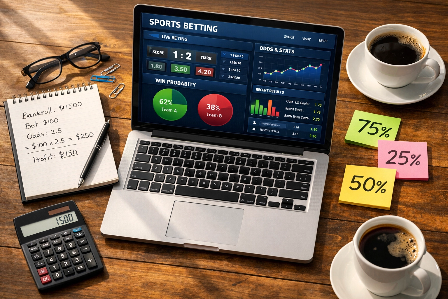 Sportwetten Bankroll-Management mit Statistiken, Berechnungen und strategischer Planung am Schreibtisch