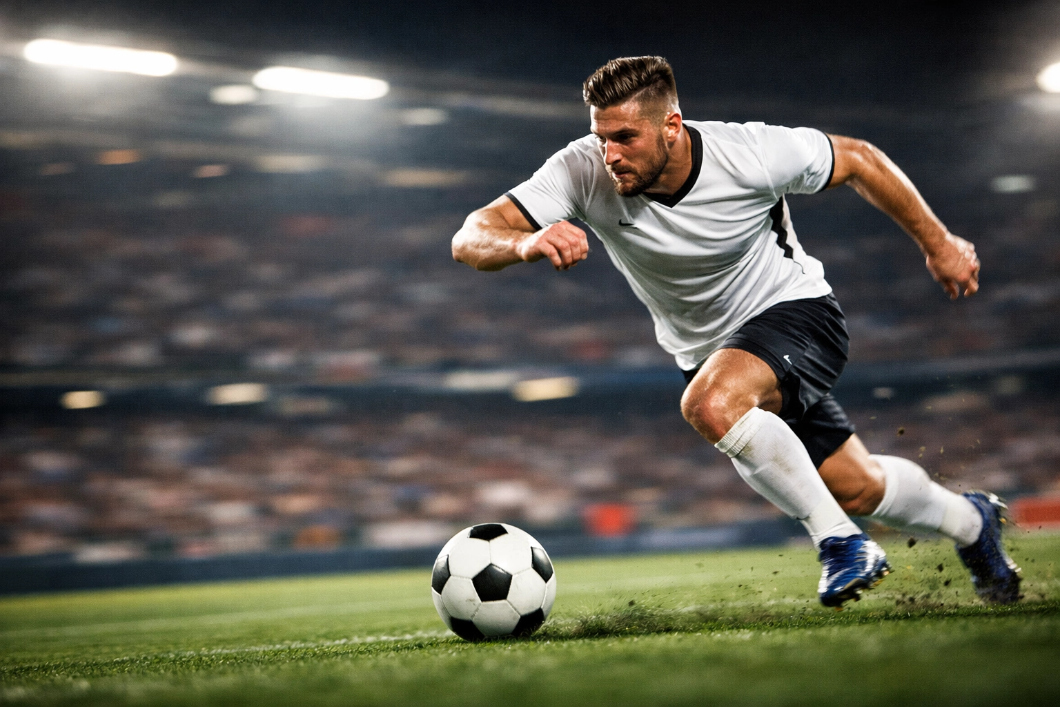 Moderner Mittelstürmer kombiniert Geschwindigkeit und Physis im Sprint mit Ball