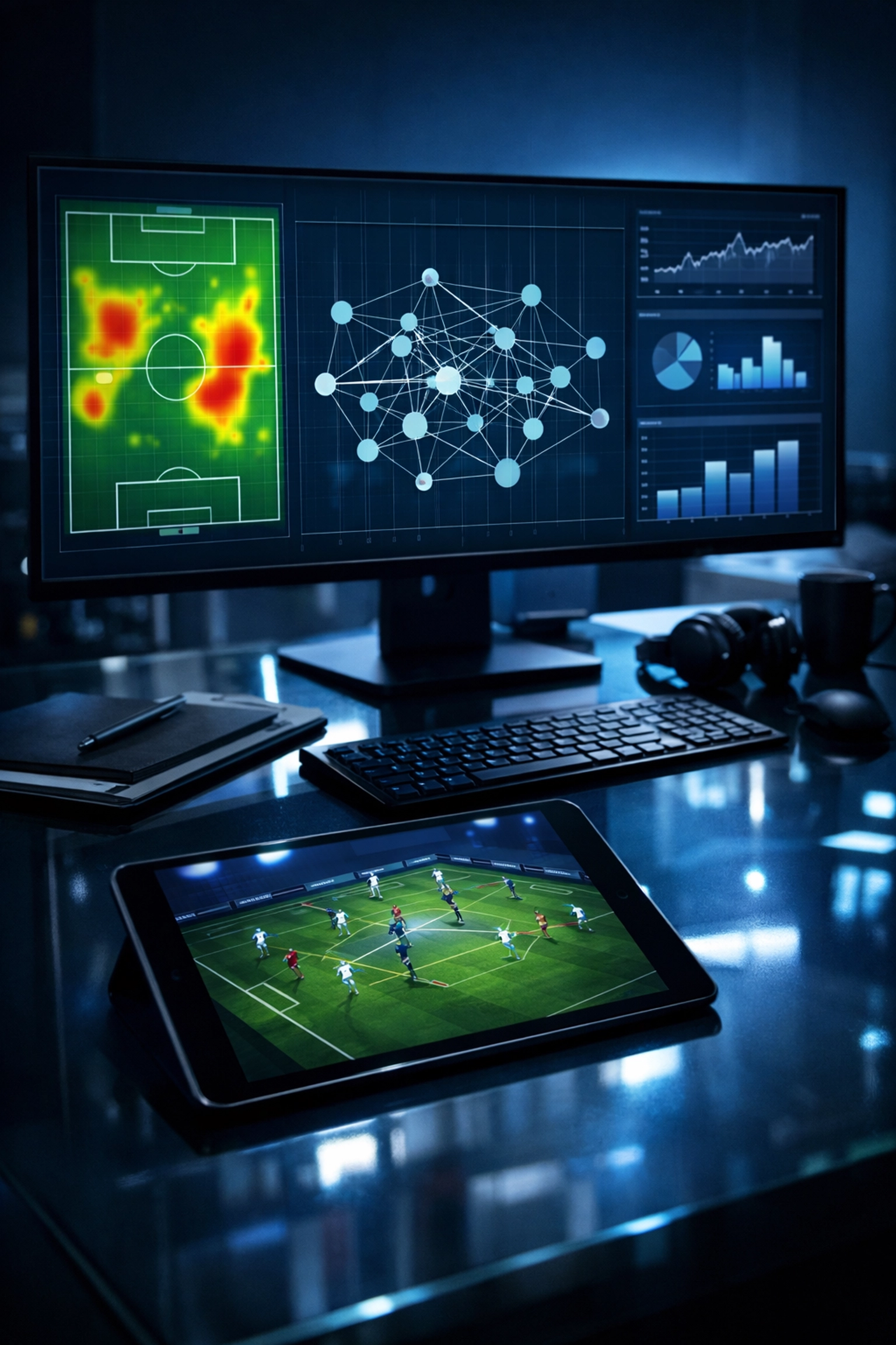 Moderne Fußball-Datenanalyse mit Heatmaps und taktischen Metriken am Arbeitsplatz eines Analysten.