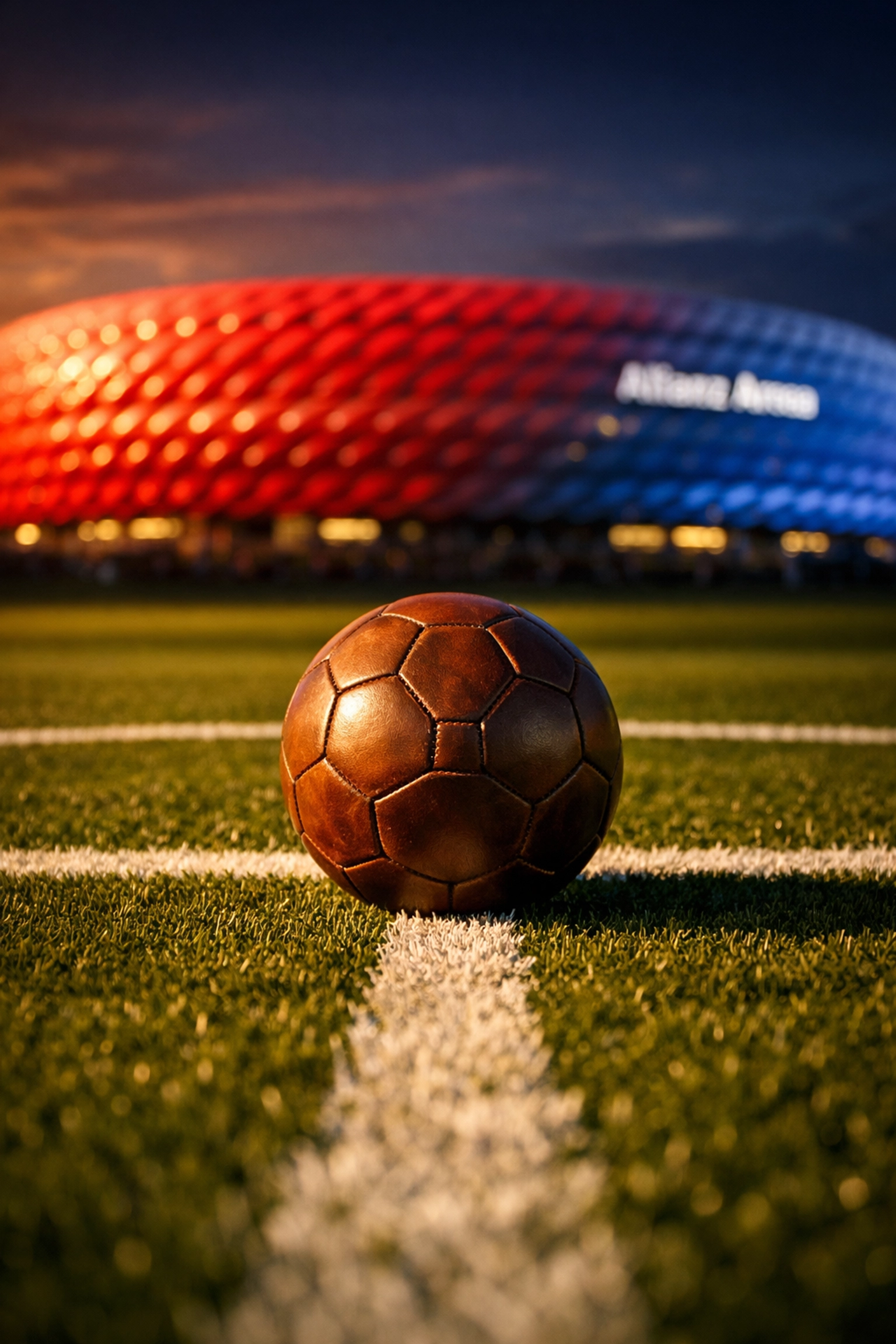 Fußball auf Rasen vor Allianz Arena – Bayern München vs PSG Statistik-Vergleich