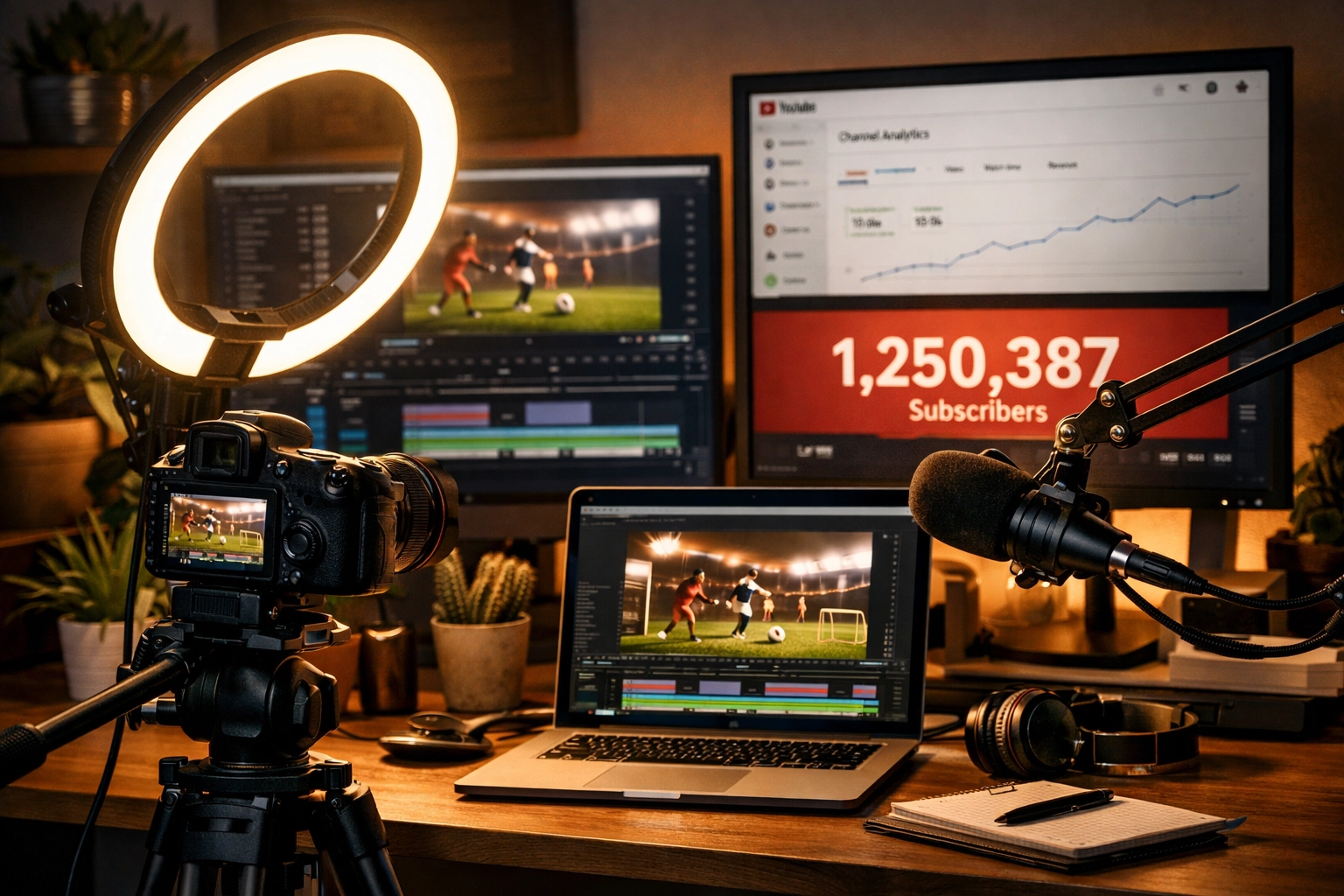 Content creator workspace with video equipment for football club digital marketing