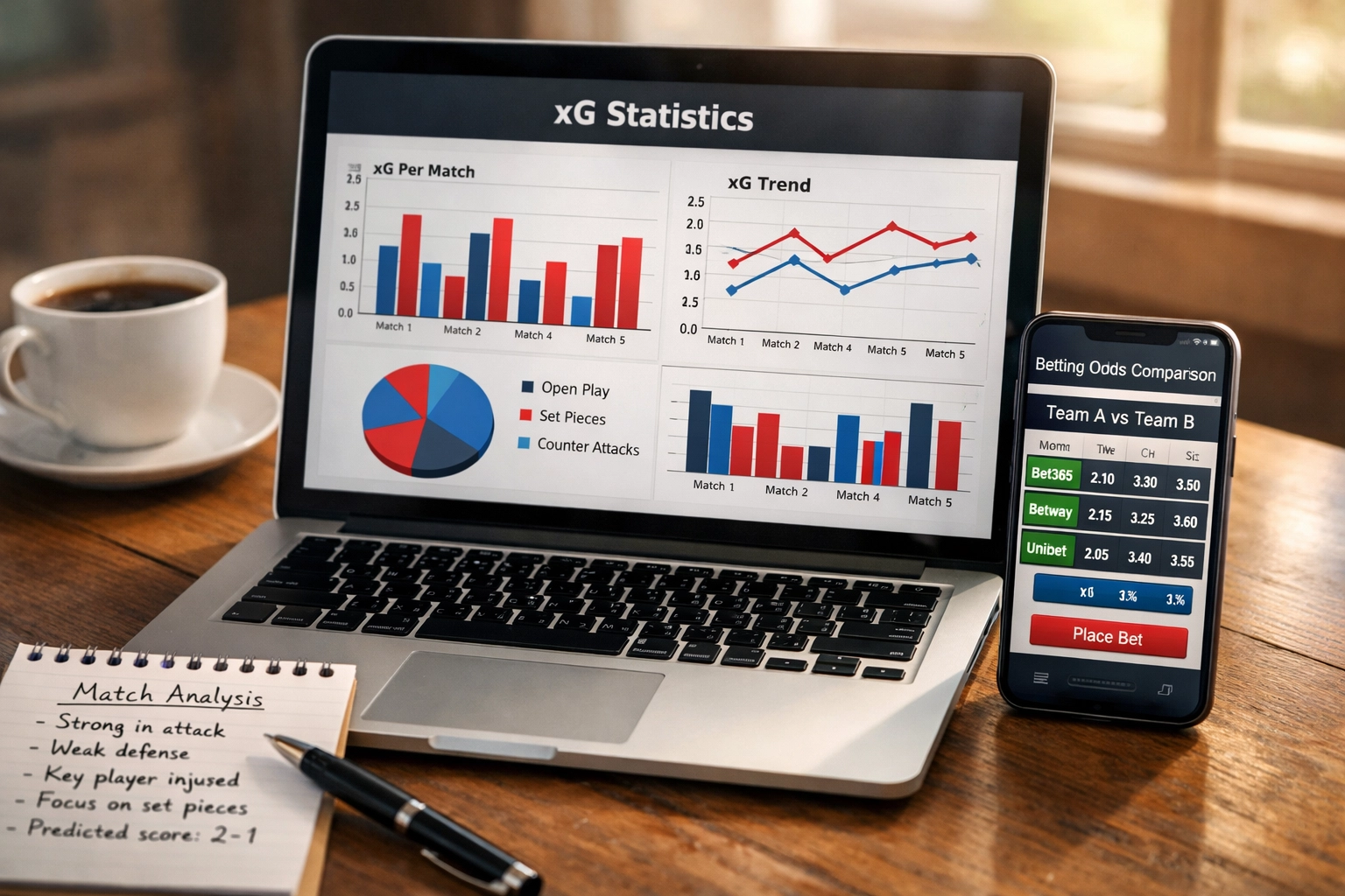 Laptop mit xG-Statistiken und Wettquoten-Analyse für datenbasierte Wettstrategie