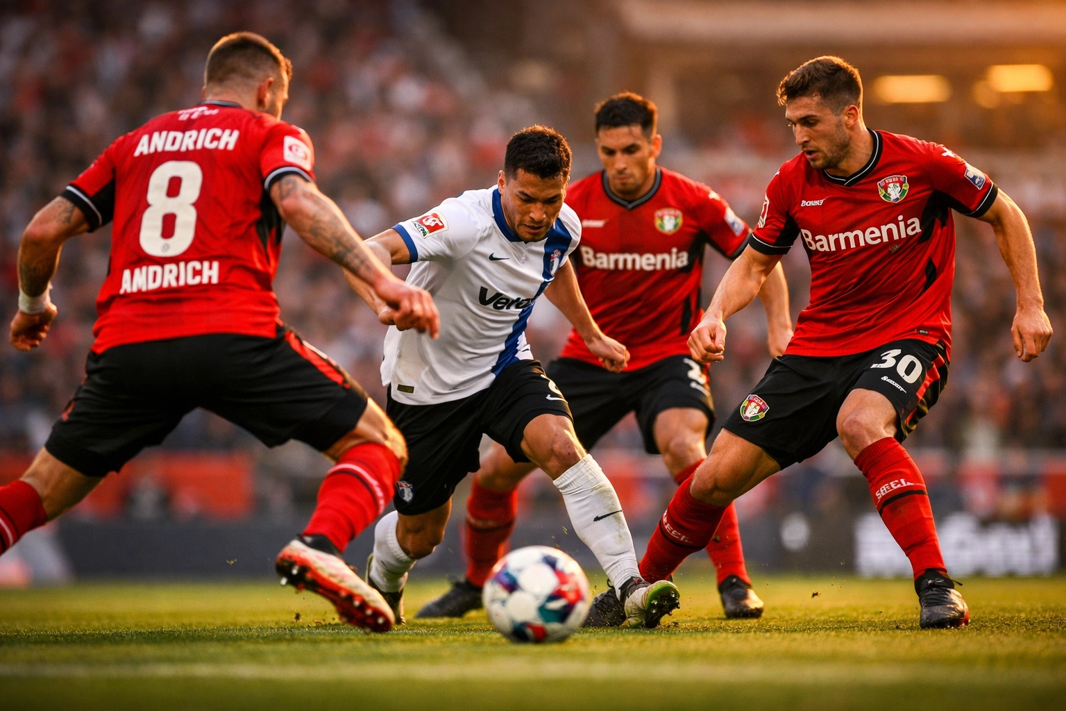 Bayer Leverkusen Pressing-Aktion mit koordinierter Balleroberung im Bundesliga-Spiel